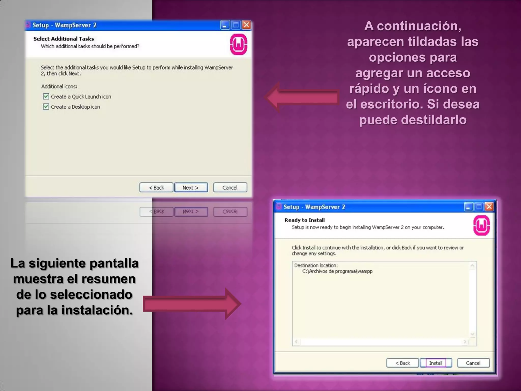 A continuación,
                        aparecen tildadas las
                            opciones para
                          agregar un acceso
                        rápido y un ícono en
                        el escritorio. Si desea
                           puede destildarlo




La siguiente pantalla
muestra el resumen
 de lo seleccionado
 para la instalación.
 