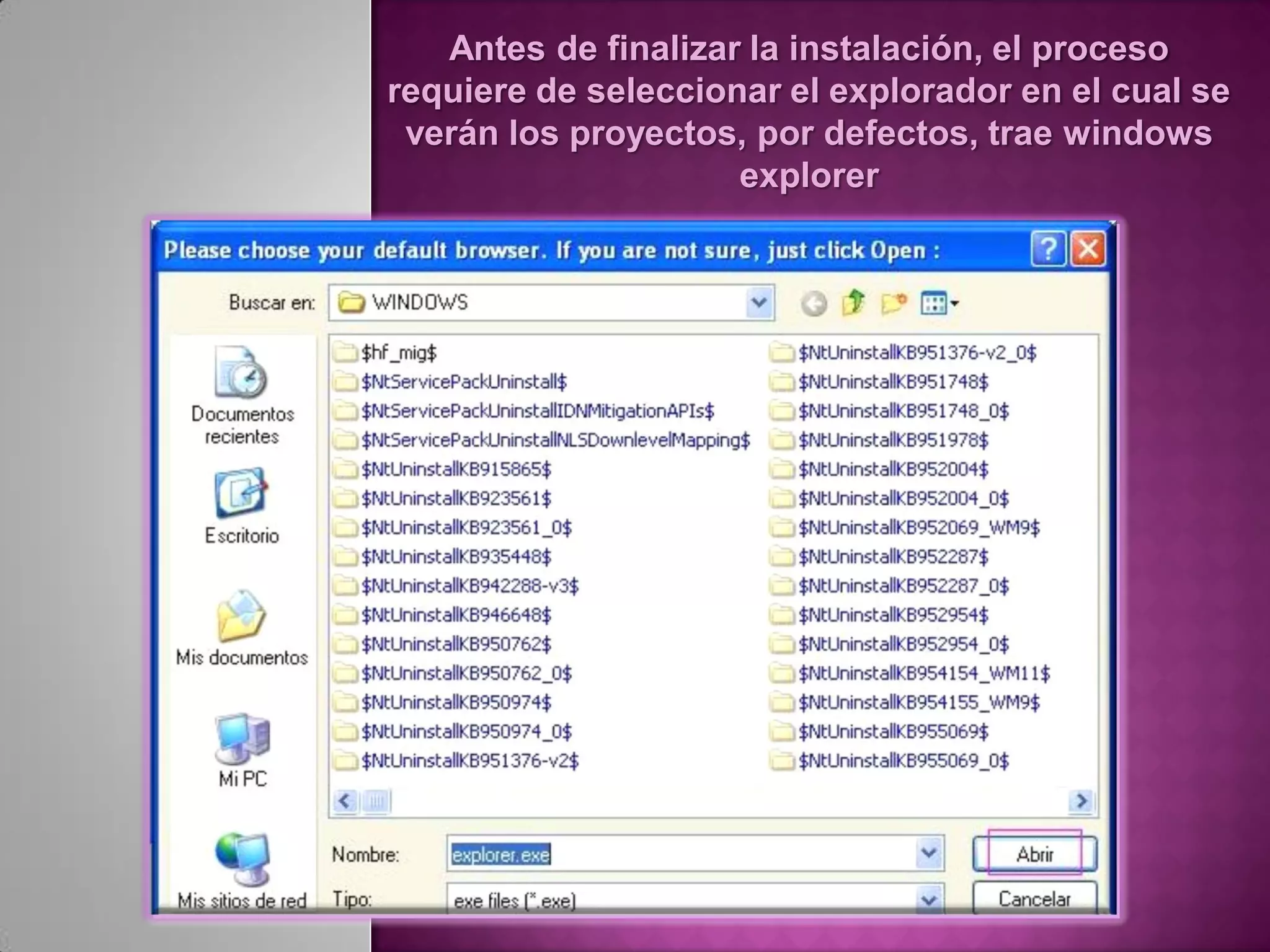 Antes de finalizar la instalación, el proceso
requiere de seleccionar el explorador en el cual se
 verán los proyectos, por defectos, trae windows
                     explorer
 