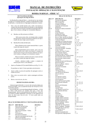 MANUAL DE INSTRUÇÕES
INSTALAÇÃO OPERAÇÃO E MANUTENÇÃO
BOMBA WARMAN – SÉRIE “A”
23
MONTAGEM DA BOMBA :
Ajustagem da Folga do Rotor
Em Bombas Revestidas de Metal ,. o rotordeverá ter um mínimo
de folga no revestimento dianteiro, enquanto nas Bombas Revestidas
de Borracha , o rotor deveria ter folga igual na dianteira e traseira .
1. Gire o eixo em sentido horário com a mão e movimente o
conjuntode mancais para diante(em direção ao corpo dianteiro)
pelo aperto da porca traseira noparafuso de ajustagem(001)até
que o rotor comece a esfregar no revestimento dianteiro .
2.
a) Bombas com Revestimento de Metal
Solte a porca meia volta , movimente entãoo conjunto
de mancais de voltapormeioda porca dianteira até que o
ressalto da caixa toque a porca traseira ;
b) Bombas Revestidas de Borracha
Meça a distância entre a parte traseira da base e a parte
traseira da tampa do mancal .
Solte completamente a porca traseira , gire o eixo em
sentido horário com a mão e movimente o conjunto de
mancais para trás por meio da porca dianteira até que o
rotor comece a esfregar no revestimento traseiro .
Meça novamente a distância da parte traseira da base
até a parte traseira da tampa do mancal .
Calcule a distância média e ajuste o conjunto de
mancais para frente a esta distância .
3. Aperte os Parafusos (012)nolado B (Refira-se as Fig. 12 e 18).
Os parafusos no lado A foram apertados anteriormente .
4. Aperte ambas as porcas do parafuso de ajustagem contra o
ressalto da caixa .
5. Gire o eixo e se ocorrer atrito , repita a ajustagem conforme
acima .
6. Retire a trava do eixo, do eixo.
DESMONTAGEM DA BOMBA
A desmontagem da bomba é o inverso das instruções dadas para
fins de montagem, com a exceçãoda remoção da remoção do rotor
nas bombas grandes .
Para permitir que o rotorseja desaparafusado facilmente , o Colar
de Alívio (239) deverá ser retirado antes que o rotor seja
desaparafusado . Retire os três parafusos do colar de alívio , insira-os
nos orifícios roscados radialmente e pressione os três segmentos do
colar de alívio para fora do eixo . O rotor pode então ser
desaparafusado .
RELAÇÃO DEFERRAMENTAS P/ MONTAGEMDA BOMBA
PEÇA Nº DESCRIÇÃO FIGURAS
301 Chave do Anel de Pistão 7 ; 11
302 Tubo de levantamento 19
303 Porca localizadora 19
304 Viga de levantamento – Voluta 19
305 Chave “C” -
306 Trava do Eixo 18
307 Placa de levantamento 6
310
Viga de levantamento da Caixa de
Gaxeta ouExpelidor
19
311 Porca de levantamentodo Eixo 10
RELAÇÃO DEPEÇAS
PEÇA Nº DESCRIÇÃO FIGURAS
001 Parafuso de ajustagem 12 ; 25
003 Base ou Cavalete 12
004 Caixa do Mancal 2 ; 9
005 Conjunto do Mancal 12
008 Espaçador do Rolamento 10
009 Rolamento 1 ; 2 ; 8
009-D Rolamento (ladoacionamento) 8 ; 9
011 Arruela 12
012 Parafuso 12
013 Corpo Dianteiro 17;20;21;22;23
015 Parafuso do Corpo 13 ; 18
017 Revestimento Dianteiro 20
018 Revest. Diant. tipoRevest.Sucção 21 ; 22
023 Estojo do RevestimentoDianteiro 20
024 Tampa do Mancal 2 ; 9 ; 10
025 Guarnição ouConjuntode calços 2 ; 3 ; 4
026 Estojo do RevestimentoTraseiro 20 ; 21 ; 22 ; 23
027 Parafuso da Tampado Mancal 2 ; 6 ; 9 ; 10
028 Expelidor 15 ; 16 ; 19
029 Caixa do Expelidor 15
029-R Caixa do Expelidor – borracha 16
032 Corpo Traseiro 13 ; 18
034 Parafuso do CorpoTraseiro 13
036 Revestimento Traseiro 20 ; 21
039 Estojo do CorpoTraseiro 13
040 Parafuso do Revest. TraseiroInterno 17
041 Revestimento TraseiroInterno 17 ; 19 ; 22 ; 23
043 Revestimento Traseiro(meio) 22
044 Sobreposta 14 ; 15
045 Parafuso de apertoda Sobreposta 14 ; 15
046 Retentor de graxa 1 ; 9 ; 10
052 Rotor (3 palhetas – aberto) 17;20;21;22;23
060 Junta de Sucção 24
061 Porca de Travamento 6 ; 7 ; 11
062 Labirinto 7 ; 11
063 Anel Lanterna 14 ; 15
064 “O” Ringdo Rotor 17;20;21;22;23
067 Anel de encosto da Gaxeta 14 ; 15
070 Chaveta do Eixo 18
073 Eixo 1 ; 8
075 Luva do Eixo (curto) 14 ; 15 ; 16
075 Luva do Eixo (longo) 14
078 Caixa de gaxeta 14 ; 19
079 Estojo da Caixa do Expelidor 16
083 Revestimento da Sucção 17 ; 21 ; 22 ; 23
085 Cunha 17 ; 21 ; 22 ; 23
089 Retentor do Rolamento 9 ; 10
090 Retentor 16
108 Anel de Pistão 7 ; 11
109 “O” Ringda Luva do Eixo 14 ; 15 ; 16
110 Revestimento daVoluta 17 ; 18 ; 19 ; 23
111 Gaxeta 14 ; 15
117 Espaçador 14
118 Anel restritor 14
122 Anel de vedação 17
124 Vedação do Revestimento 17 ; 23
125 Vedação do Revestimento 17 ; 23
126 Parafuso da Sobreposta 14 ; 15
127 Rotor (5 palhetas – aberto) 17;20;21;22;23
132 Junta da descarga 24
138 Adaptador do copo graxeiro 15
147 Rotor (5 palhetas – fechado) 17;20;21;22;23
179 Espaçador da Luva do Eixo -
217 “O” Ringdo Rotor 17;20;21;22;23
239 Colar de alívio -
241 Sobreposta paraRetentor 16
- Pino graxeiro (Niple graxeiro) 7 ; 11
 
