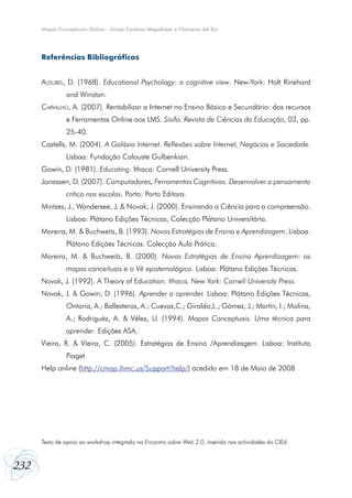 Mapas Conceptuais Online - Graça Cardoso Magalhães e Filomena del Rio




      Referências Bibliográficas


      Ausubel, D. (1968). Educational Psychology: a cognitive view. New-York: Holt Rinehard
               and Winston.
      Carvalho, A. (2007). Rentabilizar a Internet no Ensino Básico e Secundário: dos recursos
               e Ferramentas Online aos LMS. Sísifo. Revista de Ciências da Educação, 03, pp.
               25-40.
      Castells, M. (2004). A Galáxia Internet. Reflexões sobre Internet, Negócios e Sociedade.
               Lisboa: Fundação Calouste Gulbenkian.
      Gowin, D. (1981). Educating. Ithaca: Cornell University Press.
      Jonassen, D. (2007). Computadores, Ferramentas Cognitivas. Desenvolver o pensamento
               crítico nas escolas. Porto: Porto Editora.
      Mintzes, J., Wandersee, J. & Novak, J. (2000). Ensinando a Ciência para a compreensão.
               Lisboa: Plátano Edições Técnicas, Colecção Plátano Universitária.
      Moreira, M. & Buchweitz, B. (1993). Novas Estratégias de Ensino e Aprendizagem. Lisboa:
               Plátano Edições Técnicas. Colecção Aula Prática.
      Moreira, M. & Buchweitz, B. (2000). Novas Estratégias de Ensino Aprendizagem: os
               mapas conceituais e o Vê epistemológico. Lisboa: Plátano Edições Técnicas.
      Novak, J. (1992). A Theory of Education. Ithaca, New York: Cornell University Press.
      Novak, J. & Gowin, D. (1996). Aprender a aprender. Lisboa: Plátano Edições Técnicas,
               Ontoria, A.; Ballesteros, A.; Cuevas,C.; Giraldo,L.; Gómez, J.; Martín, I.; Molina,
               A.; Rodriguéz, A. & Vélez, U. (1994). Mapas Conceptuais. Uma técnica para
               aprender. Edições ASA.
      Vieira, R. & Vieira, C. (2005). Estratégias de Ensino /Aprendizagem. Lisboa: Instituto
               Piaget
      Help online (http://cmap.ihmc.us/Support/help/) acedido em 18 de Maio de 2008




      Texto de apoio ao workshop integrado no Encontro sobre Web 2.0, inserido nas actividades do CIEd.



232
 