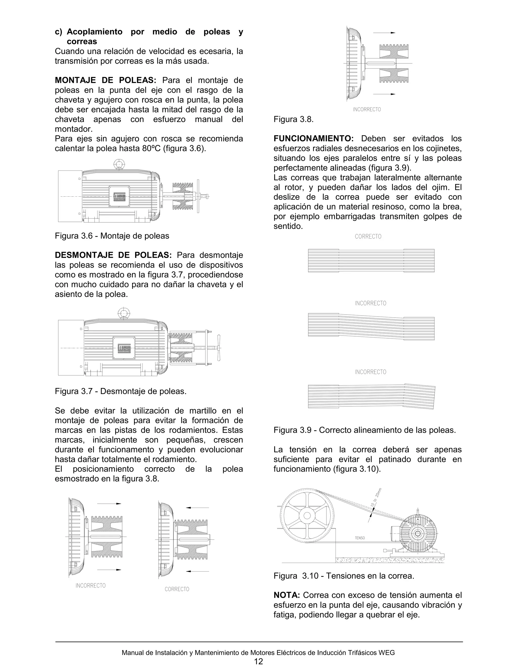 c) Acoplamiento por medio de poleas y
   correas
Cuando una relación de velocidad es ecesaria, la
transmisión por correas es la más usada.

MONTAJE DE POLEAS: Para el montaje de
poleas en la punta del eje con el rasgo de la
chaveta y agujero con rosca en la punta, la polea
debe ser encajada hasta la mitad del rasgo de la
chaveta apenas con esfuerzo manual del                           Figura 3.8.
montador.
Para ejes sin agujero con rosca se recomienda                    FUNCIONAMIENTO: Deben ser evitados los
calentar la polea hasta 80ºC (figura 3.6).                       esfuerzos radiales desnecesarios en los cojinetes,
                                                                 situando los ejes paralelos entre sí y las poleas
                                                                 perfectamente alineadas (figura 3.9).
                                                                 Las correas que trabajan lateralmente alternante
                                                                 al rotor, y pueden dañar los lados del ojim. El
                                                                 deslize de la correa puede ser evitado con
                                                                 aplicación de un material resinoso, como la brea,
                                                                 por ejemplo embarrigadas transmiten golpes de
                                                                 sentido.
Figura 3.6 - Montaje de poleas

DESMONTAJE DE POLEAS: Para desmontaje
las poleas se recomienda el uso de dispositivos
como es mostrado en la figura 3.7, procediendose
con mucho cuidado para no dañar la chaveta y el
asiento de la polea.




Figura 3.7 - Desmontaje de poleas.

Se debe evitar la utilización de martillo en el
montaje de poleas para evitar la formación de
marcas en las pistas de los rodamientos. Estas                   Figura 3.9 - Correcto alineamiento de las poleas.
marcas, inicialmente son pequeñas, crescen
durante el funcionamento y pueden evolucionar                    La tensión en la correa deberá ser apenas
hasta dañar totalmente el rodamiento.                            suficiente para evitar el patinado durante en
El posicionamiento correcto de la polea                          funcionamiento (figura 3.10).
esmostrado en la figura 3.8.




                                                                 Figura 3.10 - Tensiones en la correa.

                                                                 NOTA: Correa con exceso de tensión aumenta el
                                                                 esfuerzo en la punta del eje, causando vibración y
                                                                 fatiga, podiendo llegar a quebrar el eje.



                 Manual de Instalación y Mantenimiento de Motores Eléctricos de Inducción Trifásicos WEG
                                                           12
 