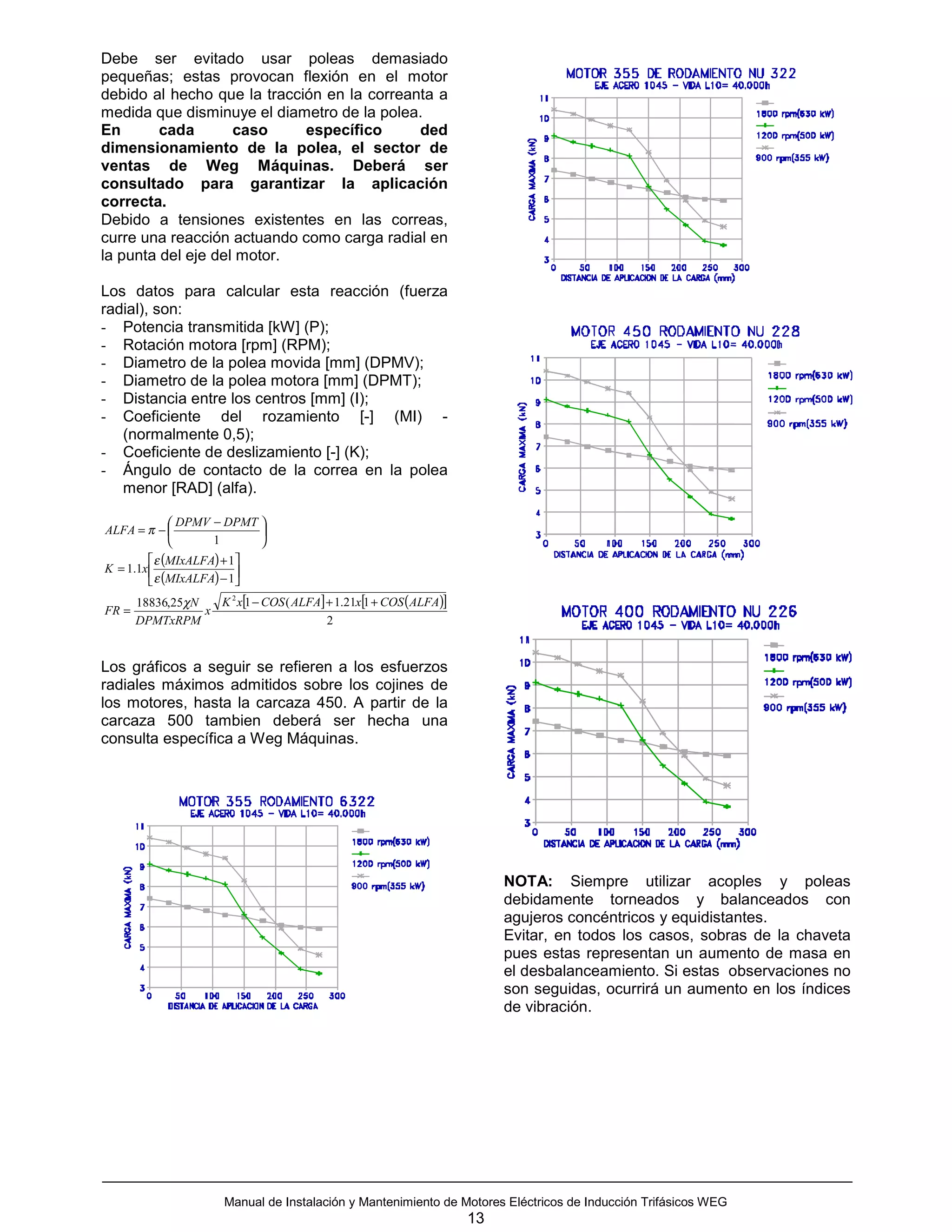 Debe ser evitado usar poleas demasiado
pequeñas; estas provocan flexión en el motor
debido al hecho que la tracción en la correanta a
medida que disminuye el diametro de la polea.
En       cada       caso     específico      ded
dimensionamiento de la polea, el sector de
ventas de Weg Máquinas. Deberá ser
consultado para garantizar la aplicación
correcta.
Debido a tensiones existentes en las correas,
curre una reacción actuando como carga radial en
la punta del eje del motor.

Los datos para calcular esta reacción (fuerza
radial), son:
- Potencia transmitida [kW] (P);
- Rotación motora [rpm] (RPM);
- Diametro de la polea movida [mm] (DPMV);
- Diametro de la polea motora [mm] (DPMT);
- Distancia entre los centros [mm] (I);
- Coeficiente del rozamiento [-] (MI) -
   (normalmente 0,5);
- Coeficiente de deslizamiento [-] (K);
- Ángulo de contacto de la correa en la polea
   menor [RAD] (alfa).

               DPMV − DPMT 
ALFA = π −                 
                    1      
          ε (MIxALFA) + 1
K = 1.1x                 
          ε (MIxALFA) − 1
       18836,25χN   K 2 x[1 − COS ( ALFA] + 1.21x[1 + COS ( ALFA)]
FR =              x
       DPMTxRPM                           2


Los gráficos a seguir se refieren a los esfuerzos
radiales máximos admitidos sobre los cojines de
los motores, hasta la carcaza 450. A partir de la
carcaza 500 tambien deberá ser hecha una
consulta específica a Weg Máquinas.




                                                                          NOTA: Siempre utilizar acoples y poleas
                                                                          debidamente torneados y balanceados con
                                                                          agujeros concéntricos y equidistantes.
                                                                          Evitar, en todos los casos, sobras de la chaveta
                                                                          pues estas representan un aumento de masa en
                                                                          el desbalanceamiento. Si estas observaciones no
                                                                          son seguidas, ocurrirá un aumento en los índices
                                                                          de vibración.




                       Manual de Instalación y Mantenimiento de Motores Eléctricos de Inducción Trifásicos WEG
                                                                     13
 