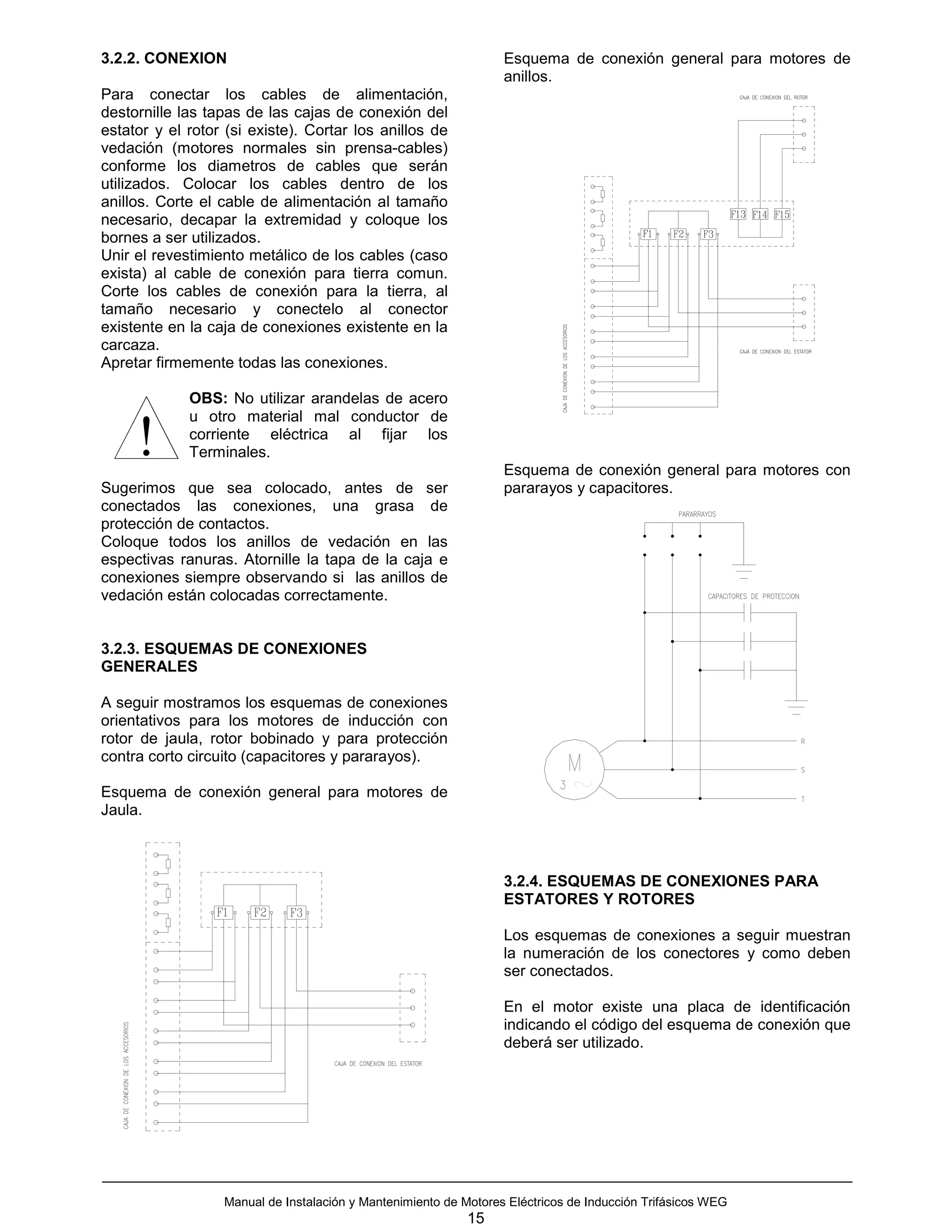 3.2.2. CONEXION                                                   Esquema de conexión general para motores de
                                                                  anillos.
Para conectar los cables de alimentación,
destornille las tapas de las cajas de conexión del
estator y el rotor (si existe). Cortar los anillos de
vedación (motores normales sin prensa-cables)
conforme los diametros de cables que serán
utilizados. Colocar los cables dentro de los
anillos. Corte el cable de alimentación al tamaño
necesario, decapar la extremidad y coloque los
bornes a ser utilizados.
Unir el revestimiento metálico de los cables (caso
exista) al cable de conexión para tierra comun.
Corte los cables de conexión para la tierra, al
tamaño necesario y conectelo al conector
existente en la caja de conexiones existente en la
carcaza.
Apretar firmemente todas las conexiones.

             OBS: No utilizar arandelas de acero
             u otro material mal conductor de

     !       corriente eléctrica al fijar los
             Terminales.
                                                                  Esquema de conexión general para motores con
Sugerimos que sea colocado, antes de ser                          pararayos y capacitores.
conectados las conexiones, una grasa de
protección de contactos.
Coloque todos los anillos de vedación en las
espectivas ranuras. Atornille la tapa de la caja e
conexiones siempre observando si las anillos de
vedación están colocadas correctamente.


3.2.3. ESQUEMAS DE CONEXIONES
GENERALES

A seguir mostramos los esquemas de conexiones
orientativos para los motores de inducción con
rotor de jaula, rotor bobinado y para protección
contra corto circuito (capacitores y pararayos).

Esquema de conexión general para motores de
Jaula.



                                                                  3.2.4. ESQUEMAS DE CONEXIONES PARA
                                                                  ESTATORES Y ROTORES

                                                                  Los esquemas de conexiones a seguir muestran
                                                                  la numeración de los conectores y como deben
                                                                  ser conectados.

                                                                  En el motor existe una placa de identificación
                                                                  indicando el código del esquema de conexión que
                                                                  deberá ser utilizado.




                  Manual de Instalación y Mantenimiento de Motores Eléctricos de Inducción Trifásicos WEG
                                                            15
 