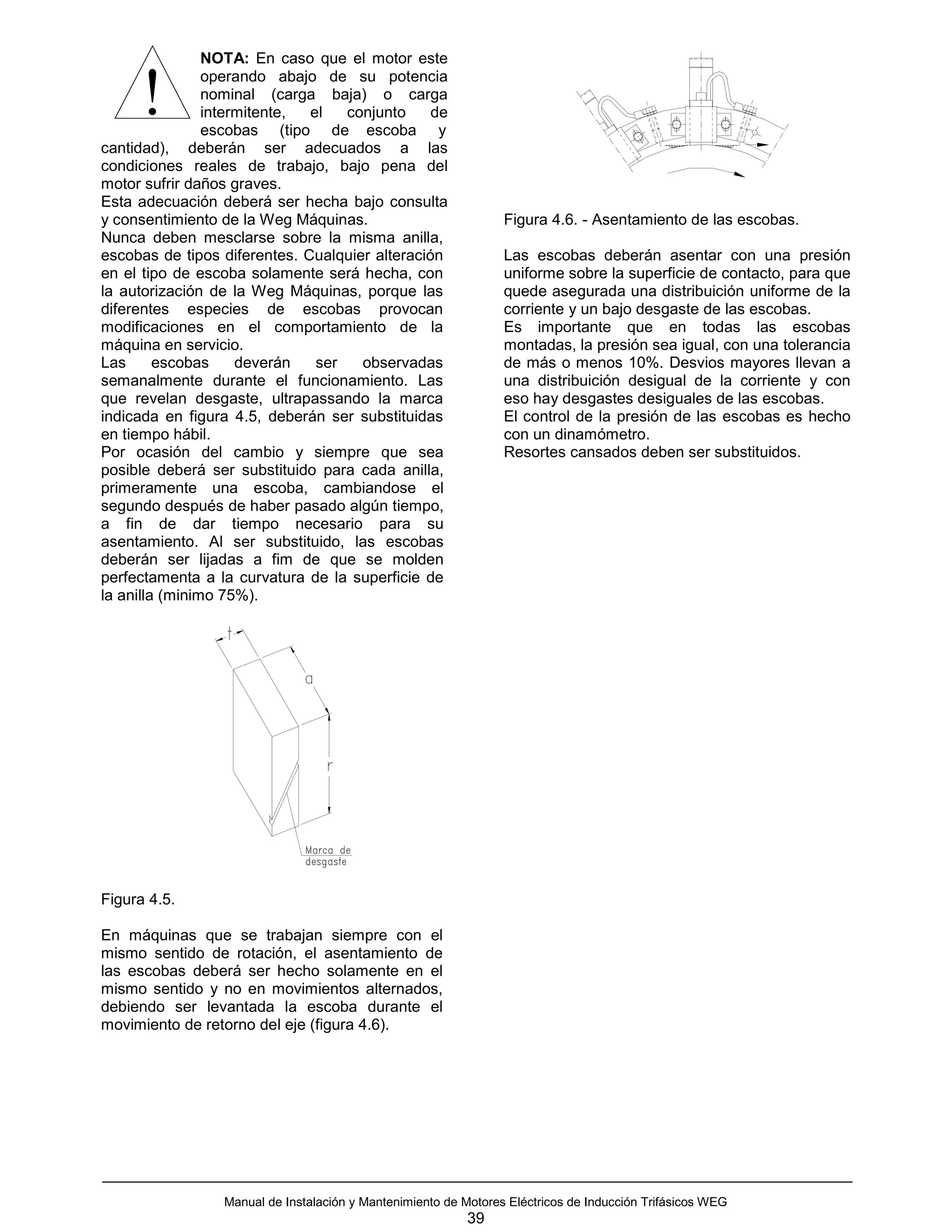 NOTA: En caso que el motor este


     !          operando abajo de su potencia
                nominal (carga baja) o carga
                intermitente, el   conjunto
                escobas (tipo de escoba y
                                                de

cantidad), deberán ser adecuados a las
condiciones reales de trabajo, bajo pena del
motor sufrir daños graves.
Esta adecuación deberá ser hecha bajo consulta
y consentimiento de la Weg Máquinas.                             Figura 4.6. - Asentamiento de las escobas.
Nunca deben mesclarse sobre la misma anilla,
escobas de tipos diferentes. Cualquier alteración                Las escobas deberán asentar con una presión
en el tipo de escoba solamente será hecha, con                   uniforme sobre la superficie de contacto, para que
la autorización de la Weg Máquinas, porque las                   quede asegurada una distribuición uniforme de la
diferentes especies de escobas provocan                          corriente y un bajo desgaste de las escobas.
modificaciones en el comportamiento de la                        Es importante que en todas las escobas
máquina en servicio.                                             montadas, la presión sea igual, con una tolerancia
Las      escobas     deverán   ser   observadas                  de más o menos 10%. Desvios mayores llevan a
semanalmente durante el funcionamiento. Las                      una distribuición desigual de la corriente y con
que revelan desgaste, ultrapassando la marca                     eso hay desgastes desiguales de las escobas.
indicada en figura 4.5, deberán ser substituidas                 El control de la presión de las escobas es hecho
en tiempo hábil.                                                 con un dinamómetro.
Por ocasión del cambio y siempre que sea                         Resortes cansados deben ser substituidos.
posible deberá ser substituido para cada anilla,
primeramente una escoba, cambiandose el
segundo después de haber pasado algún tiempo,
a fin de dar tiempo necesario para su
asentamiento. Al ser substituido, las escobas
deberán ser lijadas a fim de que se molden
perfectamenta a la curvatura de la superficie de
la anilla (minimo 75%).




Figura 4.5.

En máquinas que se trabajan siempre con el
mismo sentido de rotación, el asentamiento de
las escobas deberá ser hecho solamente en el
mismo sentido y no en movimientos alternados,
debiendo ser levantada la escoba durante el
movimiento de retorno del eje (figura 4.6).




                 Manual de Instalación y Mantenimiento de Motores Eléctricos de Inducción Trifásicos WEG
                                                           39
 