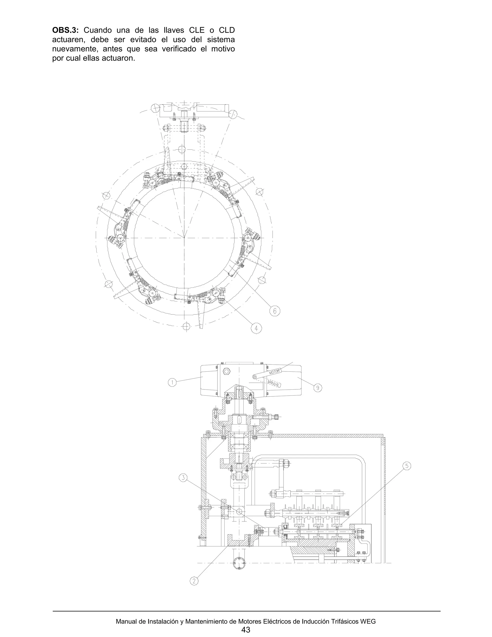 OBS.3: Cuando una de las llaves CLE o CLD
actuaren, debe ser evitado el uso del sistema
nuevamente, antes que sea verificado el motivo
por cual ellas actuaron.




                Manual de Instalación y Mantenimiento de Motores Eléctricos de Inducción Trifásicos WEG
                                                          43
 