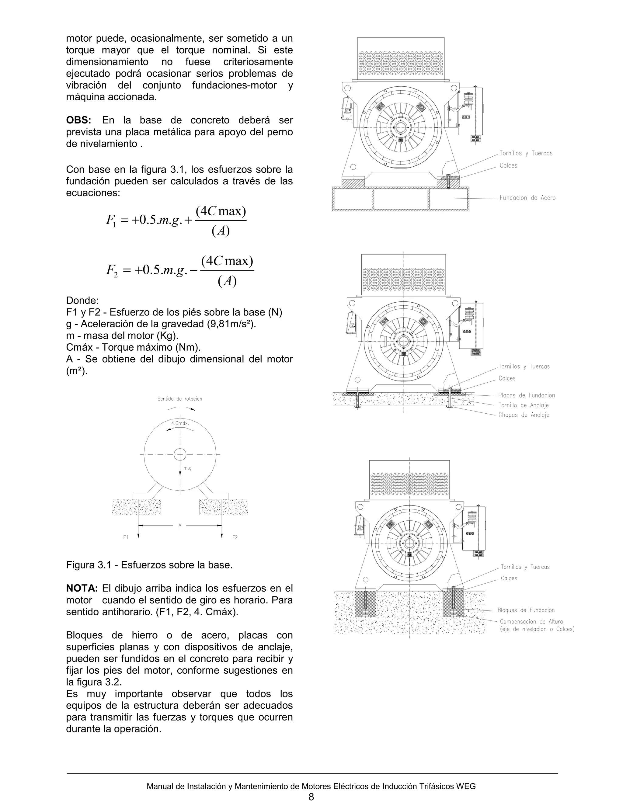 motor puede, ocasionalmente, ser sometido a un
torque mayor que el torque nominal. Si este
dimensionamiento no fuese criteriosamente
ejecutado podrá ocasionar serios problemas de
vibración del conjunto fundaciones-motor y
máquina accionada.

OBS: En la base de concreto deberá ser
prevista una placa metálica para apoyo del perno
de nivelamiento .

Con base en la figura 3.1, los esfuerzos sobre la
fundación pueden ser calculados a través de las
ecuaciones:
                             (4C max)
        F1 = +0.5.m.g . +
                               ( A)

                               (4C max)
        F2 = +0.5.m.g . −
                                 ( A)
Donde:
F1 y F2 - Esfuerzo de los piés sobre la base (N)
g - Aceleración de la gravedad (9,81m/s²).
m - masa del motor (Kg).
Cmáx - Torque máximo (Nm).
A - Se obtiene del dibujo dimensional del motor
(m²).




Figura 3.1 - Esfuerzos sobre la base.

NOTA: El dibujo arriba indica los esfuerzos en el
motor cuando el sentido de giro es horario. Para
sentido antihorario. (F1, F2, 4. Cmáx).

Bloques de hierro o de acero, placas con
superficies planas y con dispositivos de anclaje,
pueden ser fundidos en el concreto para recibir y
fijar los pies del motor, conforme sugestiones en
la figura 3.2.
Es muy importante observar que todos los
equipos de la estructura deberán ser adecuados
para transmitir las fuerzas y torques que ocurren
durante la operación.




                 Manual de Instalación y Mantenimiento de Motores Eléctricos de Inducción Trifásicos WEG
                                                           8
 