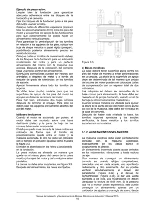 Ejemplo de preparación:
Limpiar bien la fundación para garantizar
adecuada adherencia entre los bloques de la
fundación y el cemento.
Fijar los bloques de la fundación junto a los pies
del motor usando tornillos.
Coloque cuñas de diferentes espesores (espesor
total de aproximadamente 2mm) entre los pies del
motor y la superficie del apoyo de las fundaciones
para que posteriormente se pueda hacer un
alineamiento vertical correcto.
Para garantizar la centralización de los tornillos
en relación a los agujeros de los pies, colocar um
buje de chapa metálica o papel rígido (prespan),
posibilitando posterior alineamiento preciso en
sentido horizontal.
Coloque cuñas o tornillos de nivelamiento debajo
de los bloques de la fundación para un adecuado
nivelamiento del motor y para un perfecto                         Figura 3.3.
alineamiento del mismo con la máquina que
acciona. Después de la colocación del cemento                     c) Bases metálicas
haga un preciso control del alineamiento.                         La base deberá tener superficie plana contra los
Eventuales correcciones pueden ser hechas con                     pies del motor de manera a evitar deformaciones
arandelas o chapitas de metal y a través de                       en la carcaza. La altura de la superficie de apoyo
reajuste de grado de toleráncias de los tornillos                 debe ser determinada de tal manera que debajo
de soporte.                                                       de los pies del motor puedan ser colocadas cuñas
Apretar firmemente ahora todo los tornillos de                    de compensación con un espesor total de dos
soporte.                                                          milímetros.
Se debe tener mucho cuidado para que las                          Las máquinas no debem ser removidas de la
superficies de apoyo de los pies del motor se                     base comun para alineamiento; la base debe ser
apoyen sin distorcer la carcaza del motor.                        nivelada en la propia fundación, usando nivel de
Para fijar bien, introduzca dos bujes cónicos                     burbuja (u otros instrumentos niveladores).
después de terminar el ensayo. Para esto se                       Cuando la base metálica es utilizada para ajustar
deben usar los agujeros previamente abiertos del                  la altura de la punta del eje del motor con la punta
pie del motor.                                                    del eje de la máquina, esta debe ser nivelada en
                                                                  la base de concreto.
b) Bases deslizantes                                              Después de haber sido nivelada la base, los
Cuando el motor es accionado por poleas, el                       tornillos soportes apretados y los acoples
motor debe ser montado sobre una base                             verificados, la base metálica y los tornillos
deslizante (rieles) y la parte de bajo de las                     soportes son concretados.
correas deben estar tensionadas.
El riel que queda mas cerca de la polea motora es
colocado de forma que el tornillo de                              3.1.2. ALINEAMIENTO/NIVELAMIENTO
posicionamiento quede entre el motor y la
máquina accionada. El otro riel debe ser colocado                 La máquina eléctrica debe estar perfectamente
con el tornillo en posición opuesta como muestra                  alineada     con     la   máquina      accionada,
la figura 3.3.                                                    especialmente en los casos donde el
El motor es atornillado en los rieles y posicionado               acoplamiento es directo.
en la fundación.                                                  Un alineamiento incorrecto puede causar defectos
La polea motora es alineada de manera que                         en los rodamientos, vibraciones y hasta ruptura
quede en el mismo plano del centro de la polea                    del eje.
movida y los ejes del motor y de la máquina esten                 Una manera de conseguir un alineamiento
paralelos.                                                        correcto es usando relojes comparadores,
La correa no debe estar muy tensa, ver figura 3.9.                colocados uno en cada acople, uno apuntando
Después del alineamiento, los rieles son fijados.                 radialmente y otro axialmente. Así es posible
                                                                  verificar   simultáneamente     el   desvio    del
                                                                  paralelismo (Figura 3.4a) y el desvio de
                                                                  concentricidad (Figura 3.4b), al dar una vuelta
                                                                  completa a los ejes. Los mostradores no deben
                                                                  ultrapasar la lectura de 0,05 mm. Si la persona
                                                                  que va a montar posee experiencia, este puede
                                                                  conseguir un alineamiento apenas con un
                                                                  calibrador de ajustes y una regla de acero, desde

                  Manual de Instalación y Mantenimiento de Motores Eléctricos de Inducción Trifásicos WEG
                                                            10
 