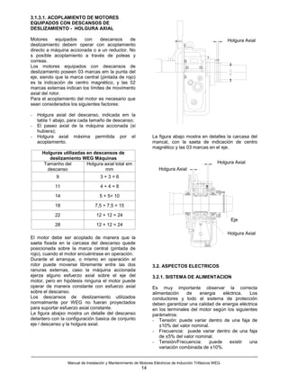 3.1.3.1. ACOPLAMIENTO DE MOTORES
EQUIPADOS CON DESCANSOS DE
DESLIZAMIENTO - HOLGURA AXIAL

Motores      equipados   con     descansos     de                                                          Holgura Axial
deslizamiento debem operar con acoplamiento
directo a máquina accionada o a un reductor. No
s posíble acoplamiento a través de poleas y
correas.
Los motores equipados con descansos de
deslizamiento poseen 03 marcas em la punta del
eje, siendo que la marca central (pintada de rojo)
es la indicación de centro magnético, y las 02
marcas externas indican los límites de movimento
axial del rotor.
Para el acoplamiento del motor es necesario que
sean considerados los siguientes factores:

-   Holgura axial del descanso, indicada em la
    tabla 1 abajo, para cada tamaño de descanso;
-   El paseo axial de la máquina accionada (si
    hubiera);
-   Holgura axial máxima permitida por el                        La figura abajo mostra en detalles la carcasa del
    acoplamiento.                                                mancal, con la saeta de indicación de centro
                                                                 magnético y las 03 marcas en el eje.
      Holguras utilizadas en descansos de
         deslizamiento WEG Máquinas
       Tamanho del        Holgura axial total em                                                      Holgura Axial
        descanso                  mm                                 Holgura Axial
            9                      3+3=6

            11                     4+4=8

            14                     5 + 5= 10

            18                  7,5 + 7,5 = 15

            22                   12 + 12 = 24
                                                                                                            Eje
            28                   12 + 12 = 24
                                                                                                           Holgura Axial
El motor debe ser acoplado de manera que la
saeta fixada en la carcasa del descanso quede
posicionada sobre la marca central (pintada de
rojo), cuando el motor encuéntrase en operación.
Durante el arranque, o mismo en operación el
rotor puede moverse libremente entre las dos                     3.2. ASPECTOS ELECTRICOS
ranuras externas, caso la máquina accionada
ejerza alguno esfuerzo axial sobre el eje del                    3.2.1. SISTEMA DE ALIMENTACION
motor, pero en hipótesis ninguna el motor puede
operar de manera constante con esfuerzo axial                    Es muy importante observar la correcta
sobre el descanso.                                               alimentación     de    energia   eléctrica.  Los
Los descansos de deslizamiento utilizados                        conductores y todo el sistema de protección
normalmente por WEG no fueran proyectados                        deben garantizar una calidad de energia eléctrica
para suportar esfuerzo axial constante.                          en los terminales del motor según los siguientes
La figura abajxo mostra un detalle del descanso                  parámetros:
delantero con la configuración basica de conjunto                - Tensión: puede variar dentro de una faja de
eje / descanso y la holgura axial.                                   ±10% del valor nominal.
                                                                 - Frecuencia: puede variar dentro de una faja
                                                                     de ±5% del valor nominal.
                                                                 - Tensión/Frecuencia:      puede    existir  una
                                                                     variación combinada de ±10%.


                 Manual de Instalación y Mantenimiento de Motores Eléctricos de Inducción Trifásicos WEG
                                                           14
 