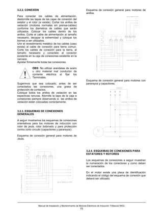 3.2.2. CONEXION                                                   Esquema de conexión general para motores de
                                                                  anillos.
Para conectar los cables de alimentación,
destornille las tapas de las cajas de conexión del
estator y el rotor (si existe). Cortar los anillos de
vedación (motores normales sin prensa-cables)
conforme los diametros de cables que serán
utilizados. Colocar los cables dentro de los
anillos. Corte el cable de alimentación al tamaño
necesario, decapar la extremidad y coloque los
bornes a ser utilizados.
Unir el revestimiento metálico de los cables (caso
exista) al cable de conexión para tierra comun.
Corte los cables de conexión para la tierra, al
tamaño necesario y conectelo al conector
existente en la caja de conexiones existente en la
carcaza.
Apretar firmemente todas las conexiones.

             OBS: No utilizar arandelas de acero
             u otro material mal conductor de

     !       corriente eléctrica al fijar los
             Terminales.
                                                                  Esquema de conexión general para motores con
Sugerimos que sea colocado, antes de ser                          pararayos y capacitores.
conectados las conexiones, una grasa de
protección de contactos.
Coloque todos los anillos de vedación en las
espectivas ranuras. Atornille la tapa de la caja e
conexiones siempre observando si las anillos de
vedación están colocadas correctamente.


3.2.3. ESQUEMAS DE CONEXIONES
GENERALES

A seguir mostramos los esquemas de conexiones
orientativos para los motores de inducción con
rotor de jaula, rotor bobinado y para protección
contra corto circuito (capacitores y pararayos).

Esquema de conexión general para motores de
Jaula.



                                                                  3.2.4. ESQUEMAS DE CONEXIONES PARA
                                                                  ESTATORES Y ROTORES

                                                                  Los esquemas de conexiones a seguir muestran
                                                                  la numeración de los conectores y como deben
                                                                  ser conectados.

                                                                  En el motor existe una placa de identificación
                                                                  indicando el código del esquema de conexión que
                                                                  deberá ser utilizado.




                  Manual de Instalación y Mantenimiento de Motores Eléctricos de Inducción Trifásicos WEG
                                                            15
 