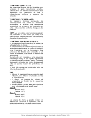 TERMOSTATO (BIMETALICO)
Son detectores térmicos del tipo bimetálico, con
contactos de plata normalmente cerrados.
Estosse abren con determinada temperatura. Los
termostatos son conectados en erie o
independientes conforme el esquema de
conexión.

TERMISTORES (TIPO PTC o NTC)
Son detectores térmicos, compuestos de
semiconductores que varian su resistencia
bruscamente al alcanzar una determinada
temperatura. Los termistores son conectados en
serie o independientes conforme el esquema de
conexión.

NOTA: Los termostatos y los termistores deberán
ser conectados a una unidad de control que
interrumpirá la corriente del motor o accionará un
dispositivo de señalización.

TERMORESISTENCIA (TIPO PT100-RTD)
La termoresistencia es un elemento de resistencia
calibrada hecho de platino.
Su funcionamiento se basa en el principio de que
la resistencia eléctrica de un conductor metálico
varia linealmente con la temperatura. Los
conectores del detector son conectados a un
cuadro de comando, que incluye un medidor de
temperatura.
Normalmente son instalados a una resistencia
calibrada por fase y un por soporte, regulandose
los dispositivos de control para alarma y posterior
desconexión del motor (por motivo de seguridad
extra, es posible instalar dos protectores por
fase).
La tabla 3.2 muestra una comparación entre los
sistemas de protección.

OBS:
1. Además de los dispositivos de protección aquí
   indicados, otros deberán ser utilizados cuando
   se haga necesario.
2. El cuadro 3.3 muestra los valores de
   temperatura en función de la resistencia
   ohmica medida.
3. Se recomientda que los relés sean ajustados
   como esta indicado en la tabla 3, osea:
Clase F:
        Alarma: 140°C.
        Parada: 155°C.
Clase H:
        Alarma: 155°C.
        Parada: 180ºC.

Los valores de alarma y parada pueden ser
definidos en función de la experiencia, mas no
deben ultrapasar a los indicados anteriormente.




                  Manual de Instalación y Mantenimiento de Motores Eléctricos de Inducción Trifásicos WEG
                                                            20
 