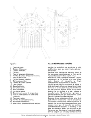 Figura 4.3                                                          4.2.2.3. MONTAJE DEL SOPORTE

1)    Tapón de dreno;                                               Verificar las superficies del encaje de la brida
2)    Carcaza del soporte;                                          certificandose para que esten limpias, planas y
3)    Carcaza del motor;                                            sin rebarbas.
4)    Tornillos;                                                    Verifique si las medidas del eje estan dentro de
5)    Tapa de la carcaza del soporte;                               las tolerancias especificadas por la Renk y si la
6)    Tornillos de la tapa del soporte bipartido;                   rugosidad esta dentro de lo exigido (< 0,4).
7)    Sello de la maquina;                                          Remueva la parte superior de la carcaza (2) y los
8)    Tornillos del sello maquina;                                  casquillos (12 y 13), verifique si no hubo ningún
9)    Ojal para suspender;                                          daño      durante     el   transporte      y    limpie
10)   Tornillos de la tapa externa;                                 completamente las superficies de contacto.
11)   Tapa externa                                                  Levante el eje algunos milímetros y encaje la
12)   Casquillo inferior;                                           brida de la parte inferior del bancal en el rebajo
13)   Casquillo superior;                                           torneado en la tapa de la máquina atornillandole
14)   Anilla pescadora;                                             en esta posición. Aplique aceite en el asiento
15)   Entrada del aceite;                                           esférico de la carcaza y el eje, coloque el
16)   Conexión para sensor de temperatura;                          casquillo inferior (12) sobre el eje y gire para su
17)   Nivel de aceite o salida de aceite para                       posición cuidando para que las superficies axiales
      lubricación;                                                  de posicionamiento no sean dañadas.
18)   Tapón para tubos;                                             Después alinear cuidadosamente las caras de la
19)   Tornillos de protección externa;                              parte inferior del casquillo y de la carcaza baje
20)   Alojamiento del laberinto;                                    con mucho cuidado el eje hasta la posición de
21)   Mitad inferior del alojamiento del labirinto.                 trabajo. Con un martillo golpee suavemente en la
                                                                    carcaza para que el casquillo se posicione
                                                                    correctamente en relación a su asiento y su eje.
                                                                    Este procedimiento genera una vibración de alta
                                                                    frecuencia que disminuye el rozamiento estático
                                                                    entre el casquillo y la carcaza y facilita el correcto

                    Manual de Instalación y Mantenimiento de Motores Eléctricos de Inducción Trifásicos WEG
                                                              36
 