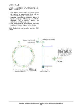 4.7.3. MONTAJE

4.7.3.1. CONJUNTO DE LEVANTAMIENTO DEL
PORTA ESCOBAS

1. Fijar el disco soporte de las clavijas con fijador
   del conjunto de levantamiento en la caja de
   protección del conjunto porta escobas.
2. Montar el rodamiento en el pasador retentor y
   fijar con clavija que debe ser fija con anillo de
   retención. Fijar el pasador retentor del
   rodamiento en el disco soporte.
3. Fijar las clavijas de levantamiento del porta
   escobas en el disco soporte de las clavijas.

OBS.: Rodamiento del pasador retentor: 6305
2ZRS1.




                                                                 PASSADOR RETENTOR
                         CLAVIJA DEL RODILLO

                                  RODAMIENTO




                                                                                               LA   ZONA   REBAJADA
                                                                                               DEBE ESTAR EN ESTA
                                                                                               POSICION PARA QUE EL
                                                                                               PASADOR RETENTOR NO
                                                                                               CHOQUE COM EL DISCO
                                                                                               DE LEVANTAMIENTO




                                                                                           DETALLE X




                                     DISCO
                                     SUPORTE DE
          FIJADOR DEL CONJUNTO       LAS CLAVIJAS             CLAVIJA DE
          DE LEVANTAMIENTO                                  LEVANTAMIENTO




                  Manual de Instalación y Mantenimiento de Motores Eléctricos de Inducción Trifásicos WEG
                                                            44
 