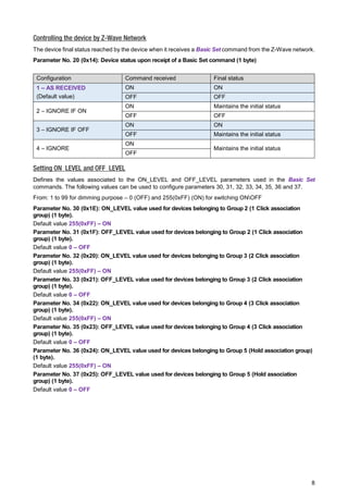 8 
Controlling the device by Z-Wave Network 
The device final status reached by the device when it receives a Basic Set command from the Z-Wave network. 
Parameter No. 20 (0x14): Device status upon receipt of a Basic Set command (1 byte) 
Configuration Command received Final status 1 – AS RECEIVED (Default value) ON ON OFF OFF 2 – IGNORE IF ON ON Maintains the initial status OFF OFF 3 – IGNORE IF OFF ON ON OFF Maintains the initial status 4 – IGNORE ON Maintains the initial status OFF 
Setting ON_LEVEL and OFF_LEVEL 
Defines the values associated to the ON_LEVEL and OFF_LEVEL parameters used in the Basic Set commands. The following values can be used to configure parameters 30, 31, 32, 33, 34, 35, 36 and 37. 
From: 1 to 99 for dimming purpose – 0 (OFF) and 255(0xFF) (ON) for switching ONOFF 
Parameter No. 30 (0x1E): ON_LEVEL value used for devices belonging to Group 2 (1 Click association group) (1 byte). 
Default value 255(0xFF) – ON 
Parameter No. 31 (0x1F): OFF_LEVEL value used for devices belonging to Group 2 (1 Click association group) (1 byte). 
Default value 0 – OFF 
Parameter No. 32 (0x20): ON_LEVEL value used for devices belonging to Group 3 (2 Click association group) (1 byte). 
Default value 255(0xFF) – ON 
Parameter No. 33 (0x21): OFF_LEVEL value used for devices belonging to Group 3 (2 Click association group) (1 byte). 
Default value 0 – OFF 
Parameter No. 34 (0x22): ON_LEVEL value used for devices belonging to Group 4 (3 Click association group) (1 byte). 
Default value 255(0xFF) – ON 
Parameter No. 35 (0x23): OFF_LEVEL value used for devices belonging to Group 4 (3 Click association group) (1 byte). 
Default value 0 – OFF 
Parameter No. 36 (0x24): ON_LEVEL value used for devices belonging to Group 5 (Hold association group) (1 byte). 
Default value 255(0xFF) – ON 
Parameter No. 37 (0x25): OFF_LEVEL value used for devices belonging to Group 5 (Hold association group) (1 byte). 
Default value 0 – OFF  