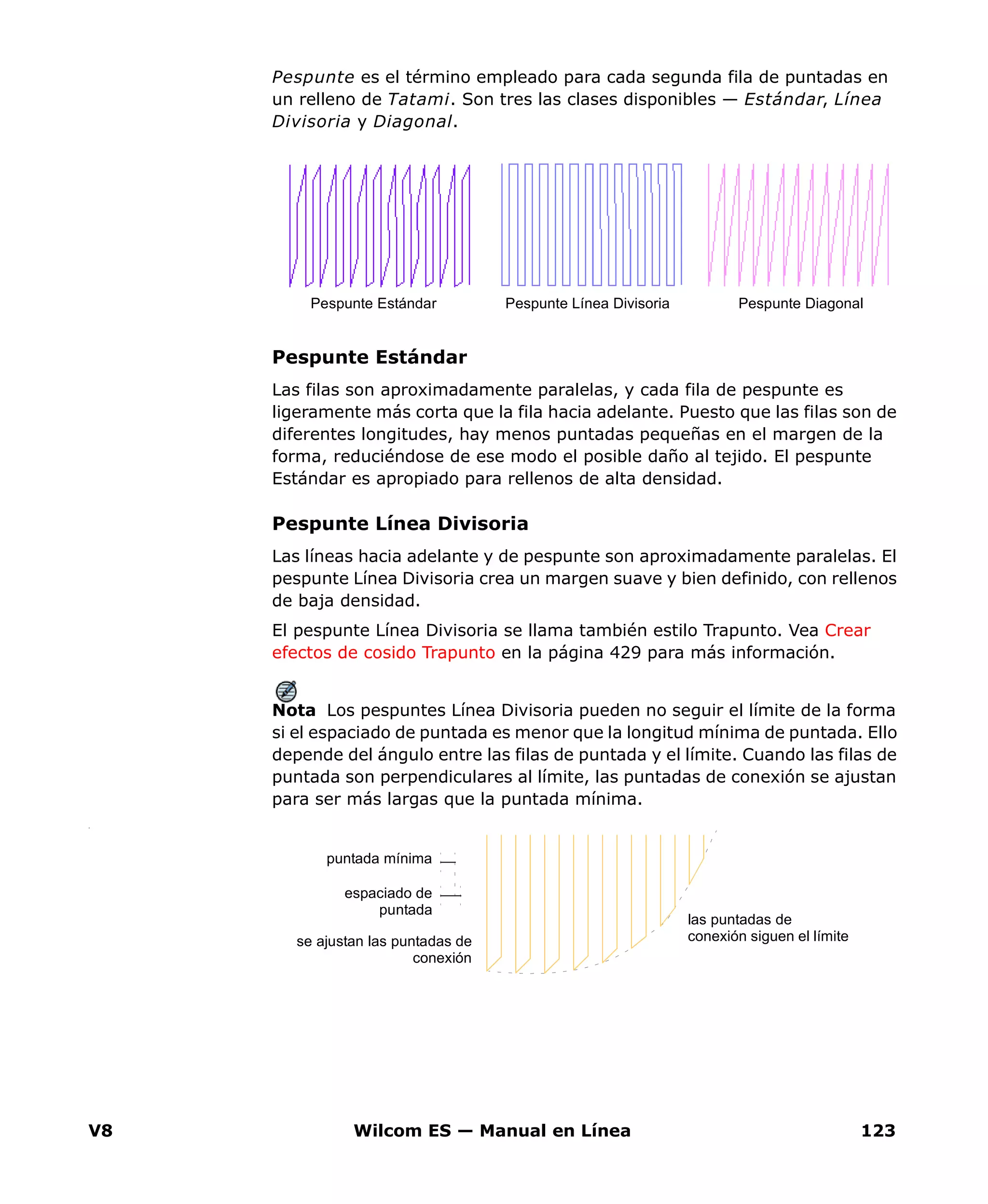 V8 Wilcom ES — Manual en Línea 123
Pespunte es el término empleado para cada segunda fila de puntadas en
un relleno de Tatami. Son tres las clases disponibles — Estándar, Línea
Divisoria y Diagonal.
Pespunte Estándar
Las filas son aproximadamente paralelas, y cada fila de pespunte es
ligeramente más corta que la fila hacia adelante. Puesto que las filas son de
diferentes longitudes, hay menos puntadas pequeñas en el margen de la
forma, reduciéndose de ese modo el posible daño al tejido. El pespunte
Estándar es apropiado para rellenos de alta densidad.
Pespunte Línea Divisoria
Las líneas hacia adelante y de pespunte son aproximadamente paralelas. El
pespunte Línea Divisoria crea un margen suave y bien definido, con rellenos
de baja densidad.
El pespunte Línea Divisoria se llama también estilo Trapunto. Vea Crear
efectos de cosido Trapunto en la página 429 para más información.
Nota Los pespuntes Línea Divisoria pueden no seguir el límite de la forma
si el espaciado de puntada es menor que la longitud mínima de puntada. Ello
depende del ángulo entre las filas de puntada y el límite. Cuando las filas de
puntada son perpendiculares al límite, las puntadas de conexión se ajustan
para ser más largas que la puntada mínima.
.
Pespunte Estándar Pespunte Línea Divisoria Pespunte Diagonal
puntada mínima
espaciado de
puntada
las puntadas de
conexión siguen el límitese ajustan las puntadas de
conexión
 