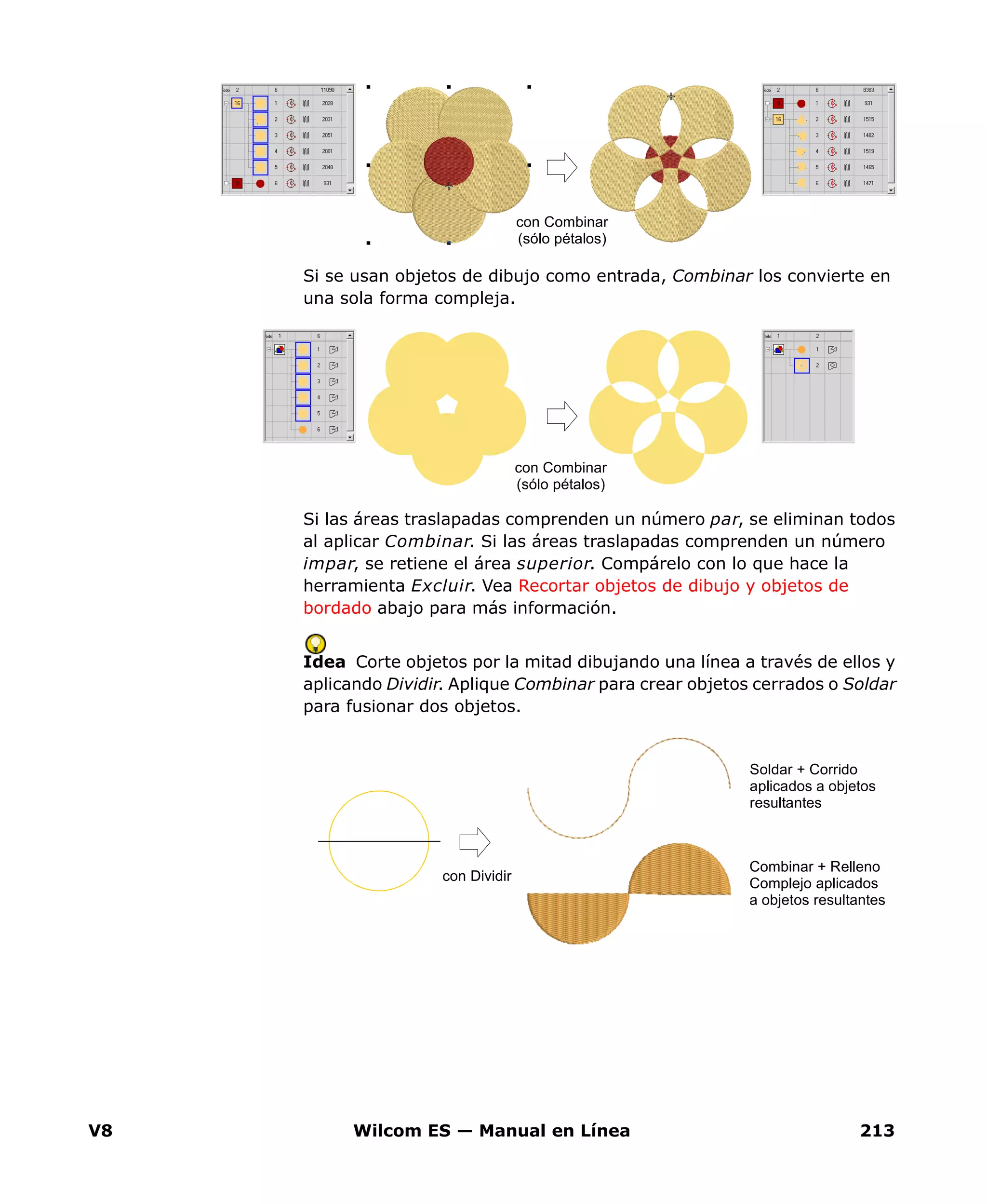 V8 Wilcom ES — Manual en Línea 213
Si se usan objetos de dibujo como entrada, Combinar los convierte en
una sola forma compleja.
Si las áreas traslapadas comprenden un número par, se eliminan todos
al aplicar Combinar. Si las áreas traslapadas comprenden un número
impar, se retiene el área superior. Compárelo con lo que hace la
herramienta Excluir. Vea Recortar objetos de dibujo y objetos de
bordado abajo para más información.
Idea Corte objetos por la mitad dibujando una línea a través de ellos y
aplicando Dividir. Aplique Combinar para crear objetos cerrados o Soldar
para fusionar dos objetos.
con Combinar
(sólo pétalos)
con Combinar
(sólo pétalos)
Combinar + Relleno
Complejo aplicados
a objetos resultantes
Soldar + Corrido
aplicados a objetos
resultantes
con Dividir
 