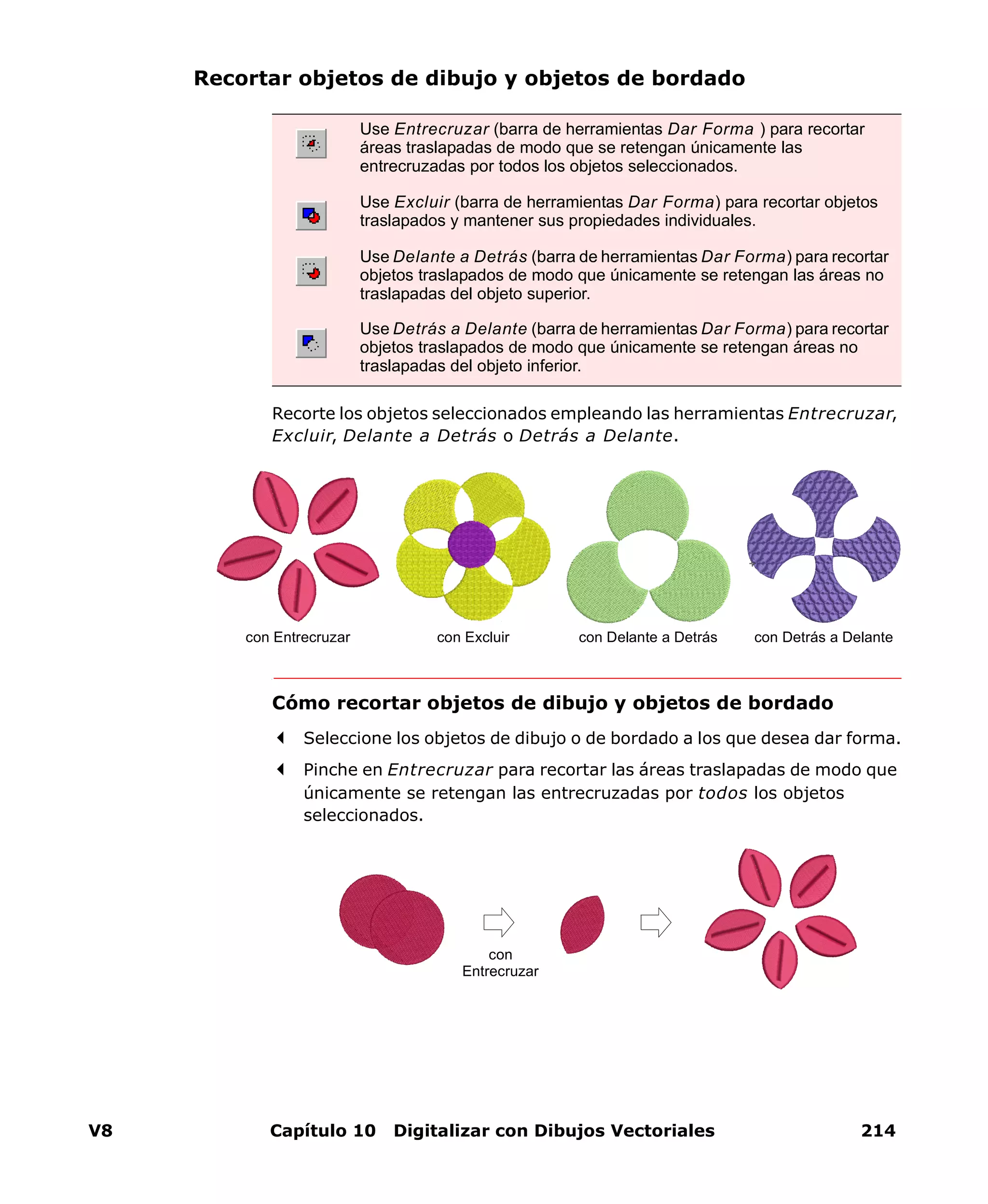 V8 Capítulo 10 Digitalizar con Dibujos Vectoriales 214
Recortar objetos de dibujo y objetos de bordado
Recorte los objetos seleccionados empleando las herramientas Entrecruzar,
Excluir, Delante a Detrás o Detrás a Delante.
Cómo recortar objetos de dibujo y objetos de bordado
Seleccione los objetos de dibujo o de bordado a los que desea dar forma.
Pinche en Entrecruzar para recortar las áreas traslapadas de modo que
únicamente se retengan las entrecruzadas por todos los objetos
seleccionados.
Use Entrecruzar (barra de herramientas Dar Forma ) para recortar
áreas traslapadas de modo que se retengan únicamente las
entrecruzadas por todos los objetos seleccionados.
Use Excluir (barra de herramientas Dar Forma) para recortar objetos
traslapados y mantener sus propiedades individuales.
Use Delante a Detrás (barra de herramientas Dar Forma) para recortar
objetos traslapados de modo que únicamente se retengan las áreas no
traslapadas del objeto superior.
Use Detrás a Delante (barra de herramientas Dar Forma) para recortar
objetos traslapados de modo que únicamente se retengan áreas no
traslapadas del objeto inferior.
con Entrecruzar con Excluir con Detrás a Delantecon Delante a Detrás
con
Entrecruzar
 