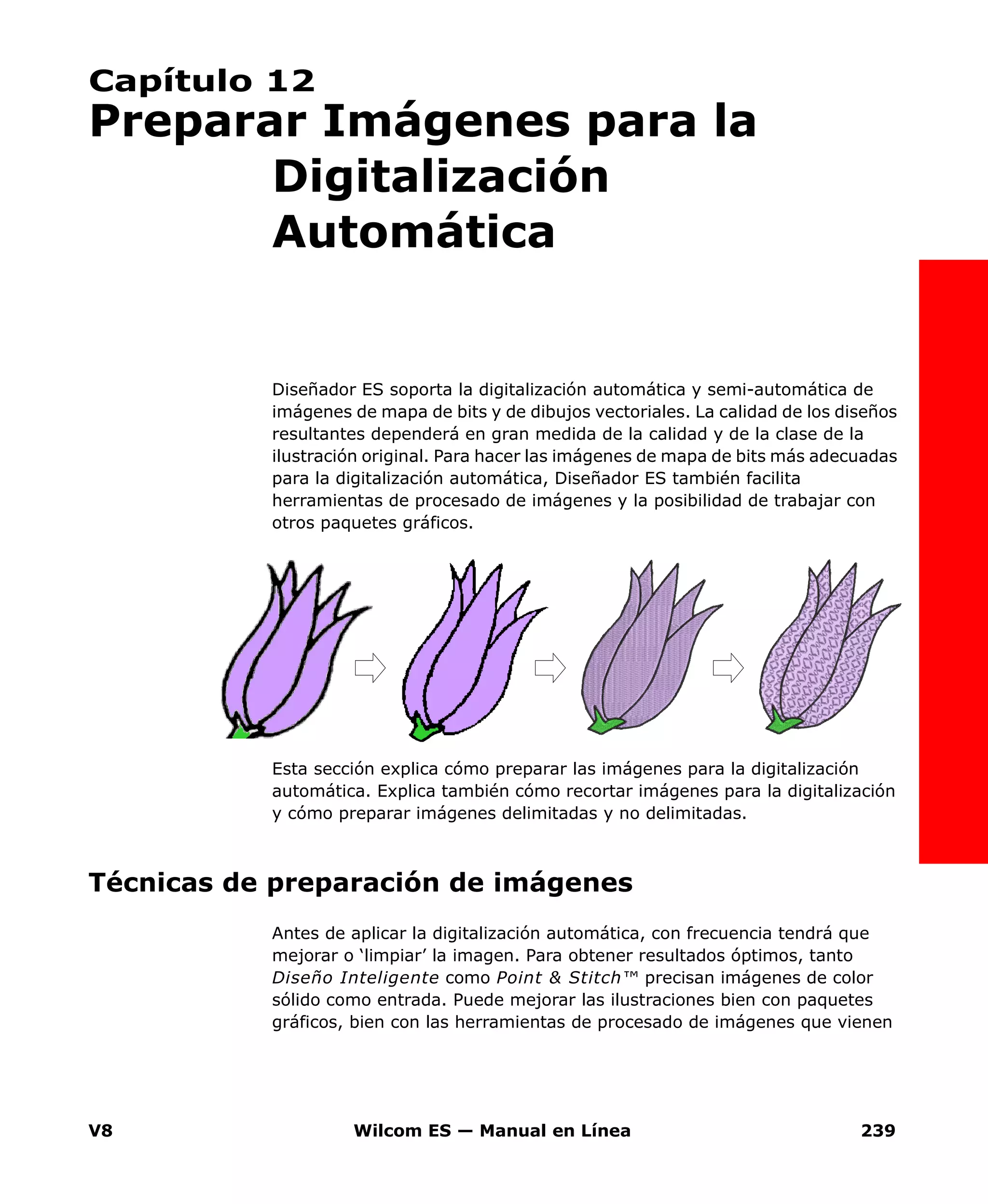 V8 Wilcom ES — Manual en Línea 239
Capítulo 12
Preparar Imágenes para la
Digitalización
Automática
Diseñador ES soporta la digitalización automática y semi-automática de
imágenes de mapa de bits y de dibujos vectoriales. La calidad de los diseños
resultantes dependerá en gran medida de la calidad y de la clase de la
ilustración original. Para hacer las imágenes de mapa de bits más adecuadas
para la digitalización automática, Diseñador ES también facilita
herramientas de procesado de imágenes y la posibilidad de trabajar con
otros paquetes gráficos.
Esta sección explica cómo preparar las imágenes para la digitalización
automática. Explica también cómo recortar imágenes para la digitalización
y cómo preparar imágenes delimitadas y no delimitadas.
Técnicas de preparación de imágenes
Antes de aplicar la digitalización automática, con frecuencia tendrá que
mejorar o ‘limpiar’ la imagen. Para obtener resultados óptimos, tanto
Diseño Inteligente como Point & Stitch™ precisan imágenes de color
sólido como entrada. Puede mejorar las ilustraciones bien con paquetes
gráficos, bien con las herramientas de procesado de imágenes que vienen
 