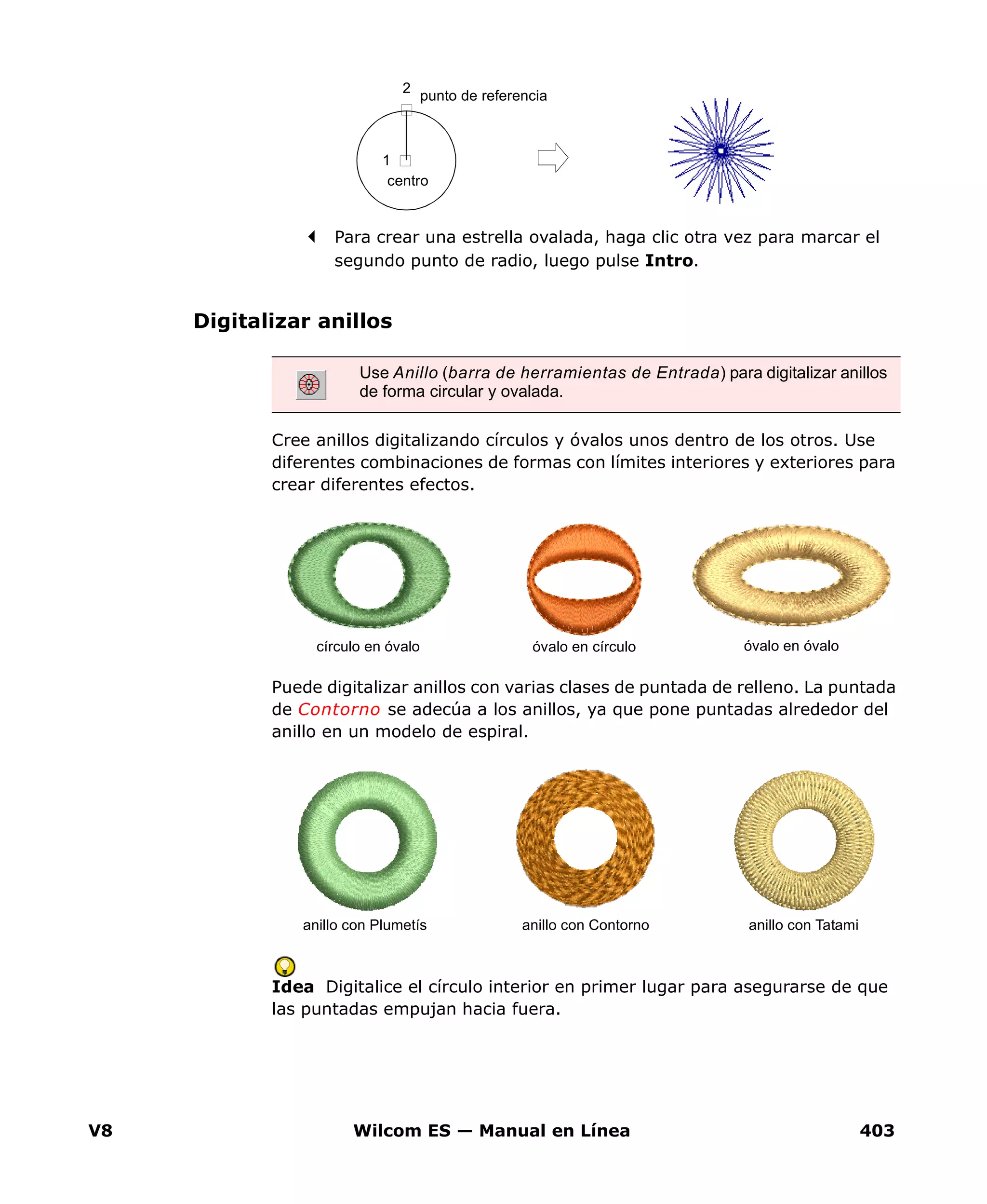 V8 Wilcom ES — Manual en Línea 403
Para crear una estrella ovalada, haga clic otra vez para marcar el
segundo punto de radio, luego pulse Intro.
Digitalizar anillos
Cree anillos digitalizando círculos y óvalos unos dentro de los otros. Use
diferentes combinaciones de formas con límites interiores y exteriores para
crear diferentes efectos.
Puede digitalizar anillos con varias clases de puntada de relleno. La puntada
de Contorno se adecúa a los anillos, ya que pone puntadas alrededor del
anillo en un modelo de espiral.
Idea Digitalice el círculo interior en primer lugar para asegurarse de que
las puntadas empujan hacia fuera.
1
centro
punto de referencia
2
Use Anillo (barra de herramientas de Entrada) para digitalizar anillos
de forma circular y ovalada.
círculo en óvalo óvalo en círculo óvalo en óvalo
anillo con Plumetís anillo con Tatamianillo con Contorno
 