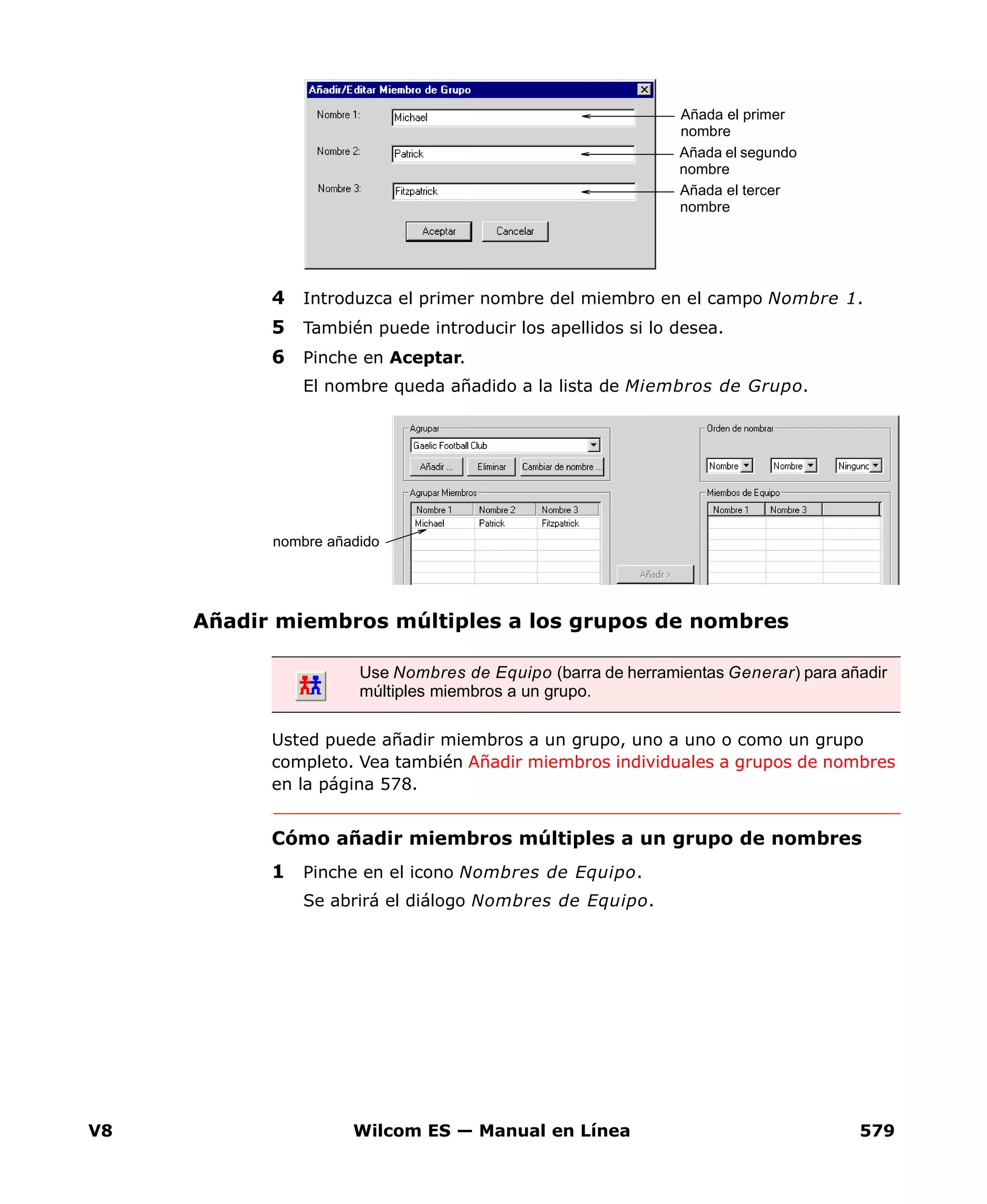 V8 Wilcom ES — Manual en Línea 579
4 Introduzca el primer nombre del miembro en el campo Nombre 1.
5 También puede introducir los apellidos si lo desea.
6 Pinche en Aceptar.
El nombre queda añadido a la lista de Miembros de Grupo.
Añadir miembros múltiples a los grupos de nombres
Usted puede añadir miembros a un grupo, uno a uno o como un grupo
completo. Vea también Añadir miembros individuales a grupos de nombres
en la página 578.
Cómo añadir miembros múltiples a un grupo de nombres
1 Pinche en el icono Nombres de Equipo.
Se abrirá el diálogo Nombres de Equipo.
Añada el primer
nombre
Añada el segundo
nombre
Añada el tercer
nombre
Use Nombres de Equipo (barra de herramientas Generar) para añadir
múltiples miembros a un grupo.
nombre añadido
 