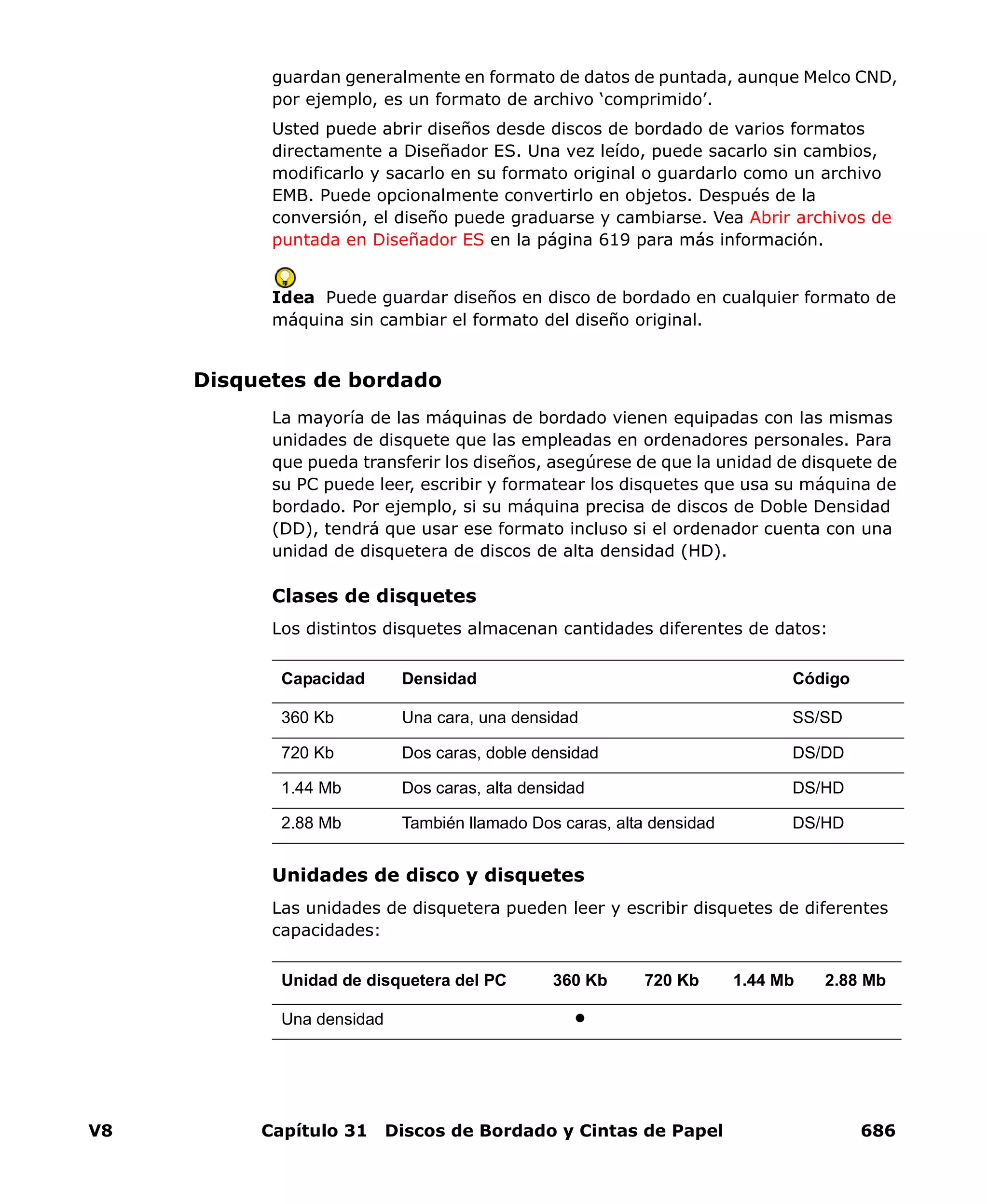 V8 Capítulo 31 Discos de Bordado y Cintas de Papel 686
guardan generalmente en formato de datos de puntada, aunque Melco CND,
por ejemplo, es un formato de archivo ‘comprimido’.
Usted puede abrir diseños desde discos de bordado de varios formatos
directamente a Diseñador ES. Una vez leído, puede sacarlo sin cambios,
modificarlo y sacarlo en su formato original o guardarlo como un archivo
EMB. Puede opcionalmente convertirlo en objetos. Después de la
conversión, el diseño puede graduarse y cambiarse. Vea Abrir archivos de
puntada en Diseñador ES en la página 619 para más información.
Idea Puede guardar diseños en disco de bordado en cualquier formato de
máquina sin cambiar el formato del diseño original.
Disquetes de bordado
La mayoría de las máquinas de bordado vienen equipadas con las mismas
unidades de disquete que las empleadas en ordenadores personales. Para
que pueda transferir los diseños, asegúrese de que la unidad de disquete de
su PC puede leer, escribir y formatear los disquetes que usa su máquina de
bordado. Por ejemplo, si su máquina precisa de discos de Doble Densidad
(DD), tendrá que usar ese formato incluso si el ordenador cuenta con una
unidad de disquetera de discos de alta densidad (HD).
Clases de disquetes
Los distintos disquetes almacenan cantidades diferentes de datos:
Unidades de disco y disquetes
Las unidades de disquetera pueden leer y escribir disquetes de diferentes
capacidades:
Capacidad Densidad Código
360 Kb Una cara, una densidad SS/SD
720 Kb Dos caras, doble densidad DS/DD
1.44 Mb Dos caras, alta densidad DS/HD
2.88 Mb También llamado Dos caras, alta densidad DS/HD
Unidad de disquetera del PC 360 Kb 720 Kb 1.44 Mb 2.88 Mb
Una densidad
 