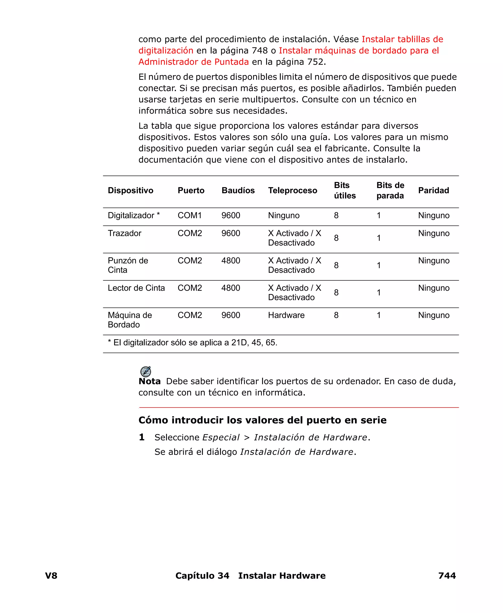 V8 Capítulo 34 Instalar Hardware 744
como parte del procedimiento de instalación. Véase Instalar tablillas de
digitalización en la página 748 o Instalar máquinas de bordado para el
Administrador de Puntada en la página 752.
El número de puertos disponibles limita el número de dispositivos que puede
conectar. Si se precisan más puertos, es posible añadirlos. También pueden
usarse tarjetas en serie multipuertos. Consulte con un técnico en
informática sobre sus necesidades.
La tabla que sigue proporciona los valores estándar para diversos
dispositivos. Estos valores son sólo una guía. Los valores para un mismo
dispositivo pueden variar según cuál sea el fabricante. Consulte la
documentación que viene con el dispositivo antes de instalarlo.
Nota Debe saber identificar los puertos de su ordenador. En caso de duda,
consulte con un técnico en informática.
Cómo introducir los valores del puerto en serie
1 Seleccione Especial > Instalación de Hardware.
Se abrirá el diálogo Instalación de Hardware.
Dispositivo Puerto Baudíos Teleproceso
Bits
útiles
Bits de
parada
Paridad
Digitalizador * COM1 9600 Ninguno 8 1 Ninguno
Trazador COM2 9600 X Activado / X
Desactivado
8 1
Ninguno
Punzón de
Cinta
COM2 4800 X Activado / X
Desactivado
8 1
Ninguno
Lector de Cinta COM2 4800 X Activado / X
Desactivado
8 1
Ninguno
Máquina de
Bordado
COM2 9600 Hardware 8 1 Ninguno
* El digitalizador sólo se aplica a 21D, 45, 65.
 