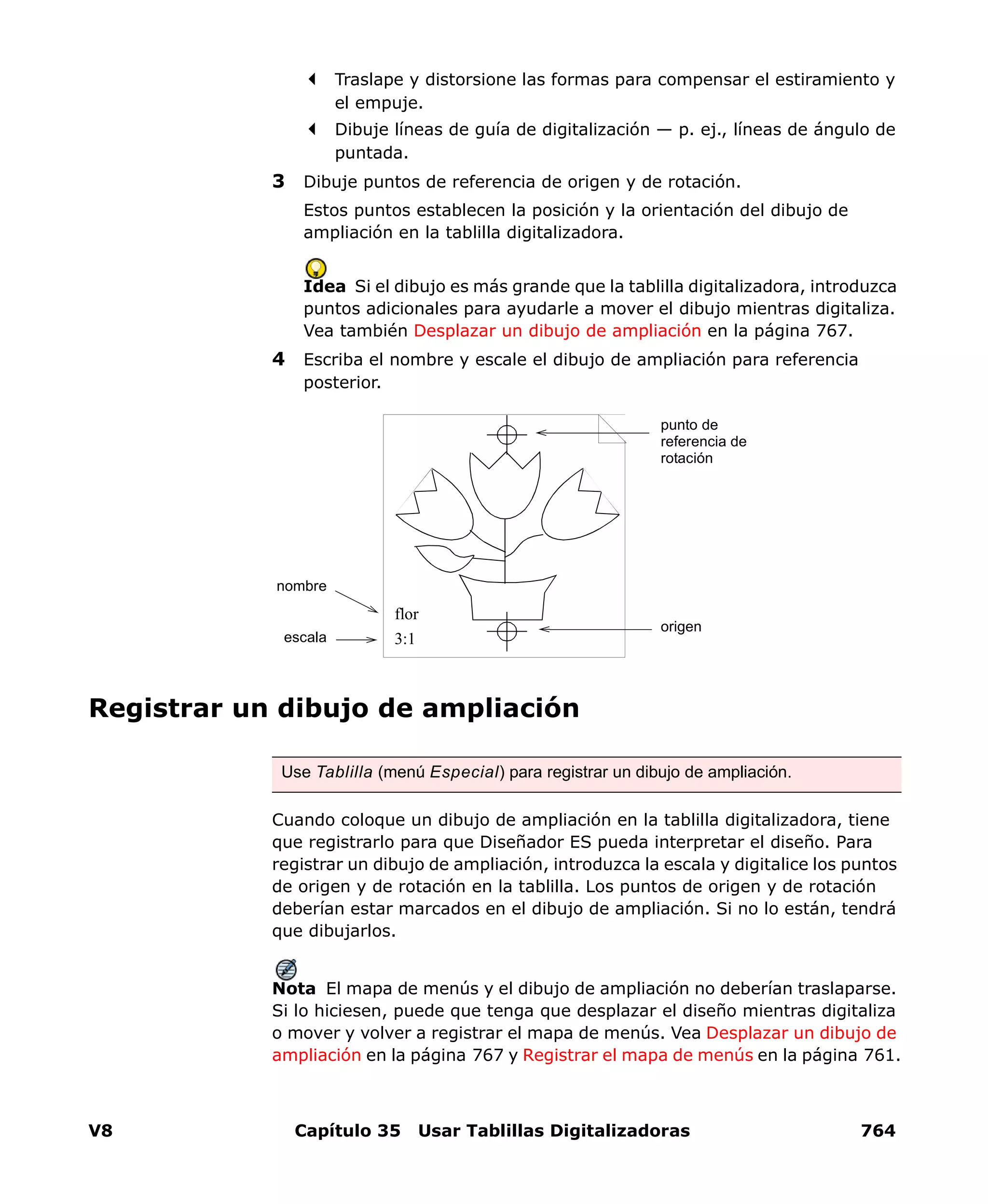 V8 Capítulo 35 Usar Tablillas Digitalizadoras 764
Traslape y distorsione las formas para compensar el estiramiento y
el empuje.
Dibuje líneas de guía de digitalización — p. ej., líneas de ángulo de
puntada.
3 Dibuje puntos de referencia de origen y de rotación.
Estos puntos establecen la posición y la orientación del dibujo de
ampliación en la tablilla digitalizadora.
Idea Si el dibujo es más grande que la tablilla digitalizadora, introduzca
puntos adicionales para ayudarle a mover el dibujo mientras digitaliza.
Vea también Desplazar un dibujo de ampliación en la página 767.
4 Escriba el nombre y escale el dibujo de ampliación para referencia
posterior.
Registrar un dibujo de ampliación
Cuando coloque un dibujo de ampliación en la tablilla digitalizadora, tiene
que registrarlo para que Diseñador ES pueda interpretar el diseño. Para
registrar un dibujo de ampliación, introduzca la escala y digitalice los puntos
de origen y de rotación en la tablilla. Los puntos de origen y de rotación
deberían estar marcados en el dibujo de ampliación. Si no lo están, tendrá
que dibujarlos.
Nota El mapa de menús y el dibujo de ampliación no deberían traslaparse.
Si lo hiciesen, puede que tenga que desplazar el diseño mientras digitaliza
o mover y volver a registrar el mapa de menús. Vea Desplazar un dibujo de
ampliación en la página 767 y Registrar el mapa de menús en la página 761.
Use Tablilla (menú Especial) para registrar un dibujo de ampliación.
origen
punto de
referencia de
rotación
escala
nombre
flor
3:1
 