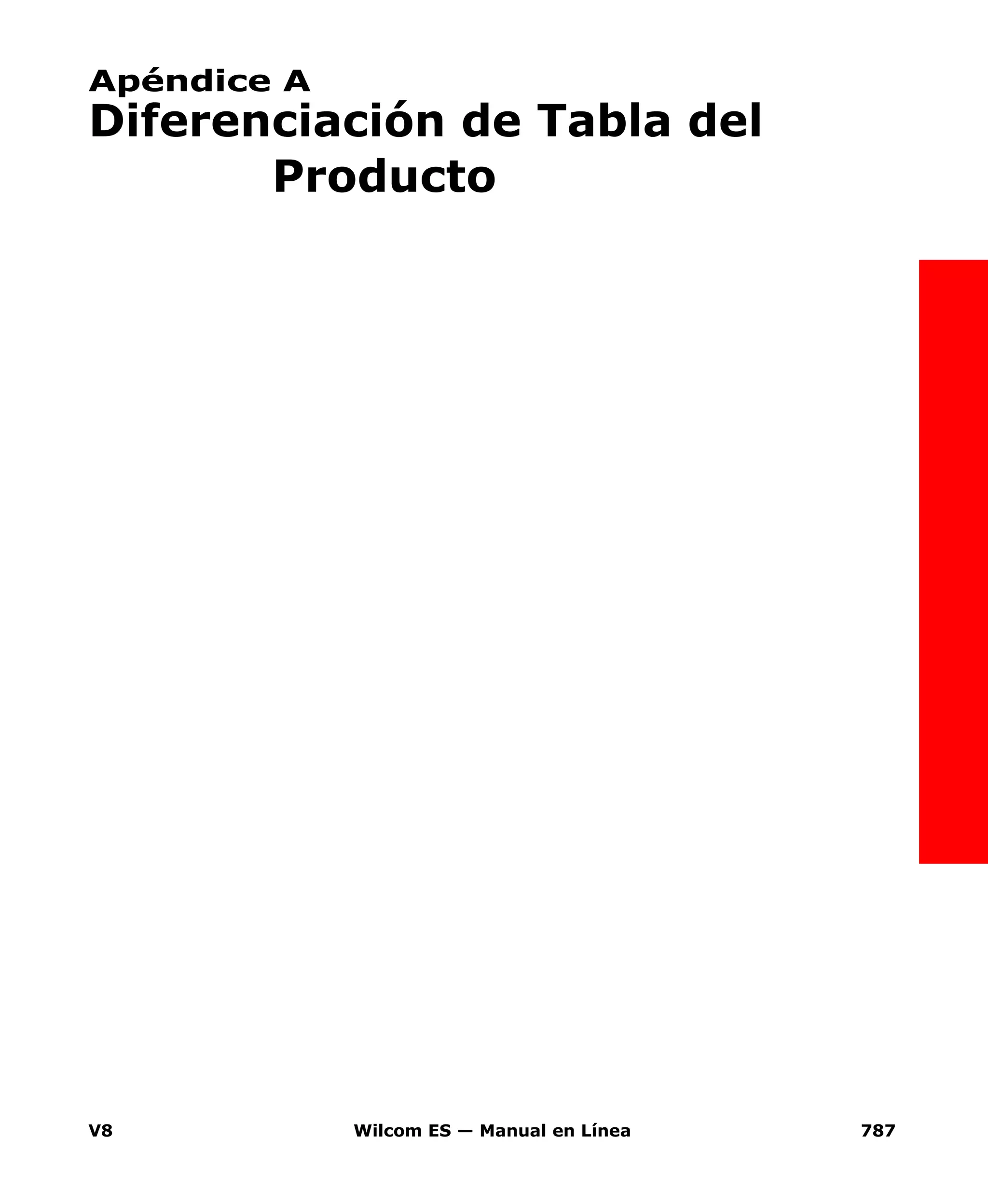 V8 Wilcom ES — Manual en Línea 787
Apéndice A
Diferenciación de Tabla del
Producto
 