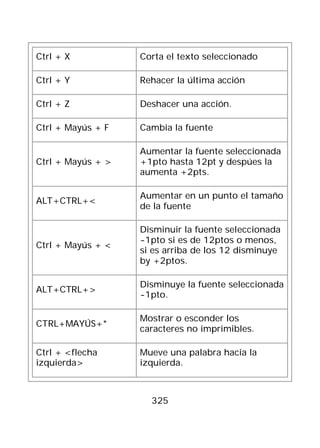 Ctrl + X           Corta el texto seleccionado

Ctrl + Y           Rehacer la última acción

Ctrl + Z           Deshacer una acción.

Ctrl + Mayús + F   Cambia la fuente

                   Aumentar la fuente seleccionada
Ctrl + Mayús + >   +1pto hasta 12pt y despúes la
                   aumenta +2pts.

                   Aumentar en un punto el tamaño
ALT+CTRL+<
                   de la fuente

                   Disminuir la fuente seleccionada
                   -1pto si es de 12ptos o menos,
Ctrl + Mayús + <
                   si es arriba de los 12 disminuye
                   by +2ptos.

                   Disminuye la fuente seleccionada
ALT+CTRL+>
                   -1pto.

                   Mostrar o esconder los
CTRL+MAYÚS+*
                   caracteres no imprimibles.

Ctrl + <flecha     Mueve una palabra hacia la
izquierda>         izquierda.



                     325
 