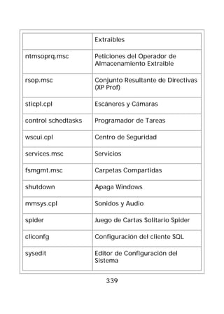 Extraibles

ntmsoprq.msc         Peticiones del Operador de
                     Almacenamiento Extraible

rsop.msc             Conjunto Resultante de Directivas
                     (XP Prof)

sticpl.cpl           Escáneres y Cámaras

control schedtasks   Programador de Tareas

wscui.cpl            Centro de Seguridad

services.msc         Servicios

fsmgmt.msc           Carpetas Compartidas

shutdown             Apaga Windows

mmsys.cpl            Sonidos y Audio

spider               Juego de Cartas Solitario Spider

cliconfg             Configuración del cliente SQL

sysedit              Editor de Configuración del
                     Sistema


                        339
 