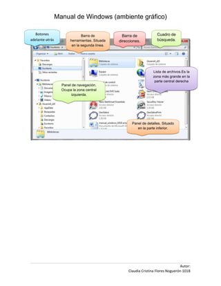 Manual de Windows (ambiente gráfico)

   Botones                     Barra de           Barra de            Cuadro de
adelante-atrás          herramientas. Situada   direcciones.          búsqueda.
                         en la segunda línea.




                                                                    Lista de archivos.Es la
                                                                    zona más grande en la
                                                                     parte central derecha
                   Panel de navegación.
                   Ocupa la zona central
                        izquierda.




                                                       Panel de detalles. Situado
                                                          en la parte inferior.




                                                                                    Autor:
                                                     Claudia Cristina Flores Noguerón 101B
 
