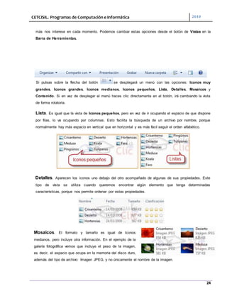 CETCISIL. Programas de Computación e Informática 2010
24
más nos interese en cada momento. Podemos cambiar estas opciones desde el botón de Vistas en la
Barra de Herramientas.
Si pulsas sobre la flecha del botón se desplegará un menú con las opciones: Iconos muy
grandes, Iconos grandes, Iconos medianos, Iconos pequeños, Lista, Detalles, Mosaicos y
Contenido. Si en vez de desplegar el menú haces clic directamente en el botón, irá cambiando la vista
de forma rotatoria.
Lista. Es igual que la vista de Iconos pequeños, pero en vez de ir ocupando el espacio de que dispone
por filas, lo va ocupando por columnas. Esto facilita la búsqueda de un archivo por nombre, porque
normalmente hay más espacio en vertical que en horizontal y es más fácil seguir el orden alfabético.
Detalles. Aparecen los iconos uno debajo del otro acompañado de algunas de sus propiedades. Este
tipo de vista se utiliza cuando queremos encontrar algún elemento que tenga determinadas
características, porque nos permite ordenar por estas propiedades.
Mosaicos. El formato y tamaño es igual de Iconos
medianos, pero incluye otra información. En el ejemplo de la
galería fotográfica vemos que incluye el peso de la imagen,
es decir, el espacio que ocupa en la memoria del disco duro,
además del tipo de archivo: Imagen JPEG, y no únicamente el nombre de la imagen.
 
