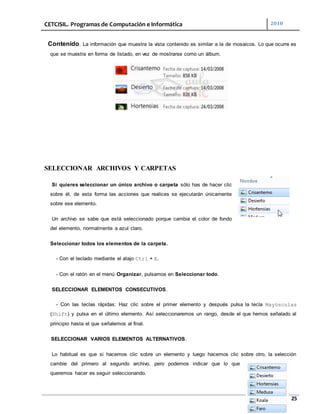 CETCISIL. Programas de Computación e Informática 2010
25
Contenido. La información que muestra la vista contenido es similar a la de mosaicos. Lo que ocurre es
que se muestra en forma de listado, en vez de mostrarse como un álbum.
SELECCIONAR ARCHIVOS Y CARPETAS
Si quieres seleccionar un único archivo o carpeta sólo has de hacer clic
sobre él, de esta forma las acciones que realices se ejecutarán únicamente
sobre ese elemento.
Un archivo se sabe que está seleccionado porque cambia el color de fondo
del elemento, normalmente a azul claro.
Seleccionar todos los elementos de la carpeta.
- Con el teclado mediante el atajo Ctrl + E.
- Con el ratón en el menú Organizar, pulsamos en Seleccionar todo.
SELECCIONAR ELEMENTOS CONSECUTIVOS.
- Con las teclas rápidas: Haz clic sobre el primer elemento y después pulsa la tecla Mayúsculas
(Shift) y pulsa en el último elemento. Así seleccionaremos un rango, desde el que hemos señalado al
principio hasta el que señalemos al final.
SELECCIONAR VARIOS ELEMENTOS ALTERNATIVOS.
Lo habitual es que si hacemos clic sobre un elemento y luego hacemos clic sobre otro, la selección
cambie del primero al segundo archivo, pero podemos indicar que lo que
queremos hacer es seguir seleccionando.
 