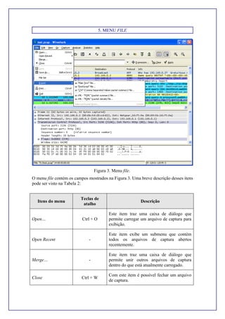 5. MENU FILE
Figura 3. Menu file.
O menu file contém os campos mostrados na Figura 3. Uma breve descrição desses itens
pode ser visto na Tabela 2:
Itens do menu
Teclas de
atalho
Descrição
Open… Ctrl + O
Este item traz uma caixa de diálogo que
permite carregar um arquivo de captura para
exibição.
Open Recent -
Este item exibe um submenu que contém
todos os arquivos de captura abertos
recentemente.
Merge… -
Este item traz uma caixa de diálogo que
permite unir outros arquivos de captura
dentro do que está atualmente carregado.
Close Ctrl + W
Com este item é possível fechar um arquivo
de captura.
 