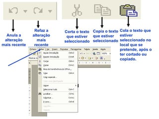 Anula a alteração mais recente Refaz a alteração mais recente Corta o texto que estiver seleccionado Copia o texto que estiver seleccionado Cola o texto que estiver seleccionado no local que se pretende, após o ter cortado ou copiado. 