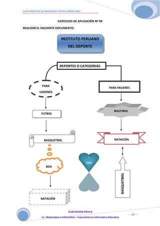 GUÍA PRÁCTICA DE MICROSOFT OFFICE WORD 2007


                            EJERCICIOS DE APLICACIÓN Nº 09

REALIZAR EL SIGUIENTE DOCUMENTO:


                               INSTITUTO PERUANO
                                     DEL DEPORTE



                             DEPORTES O CATEGORIAS




              PARA
                                                                          PARA MUJERES
            VARONES




                                                                              BOLEYBOL
             FUTBOL




               BASQUETBOL                                                     NATACIÓN




                                                       I

                                                     LOVE
                 BOX
                                                                                      BASQUETBOL




             NATACIÓN



                                     ELIAS RIVERA DÁVILA
                     4                                                                             ~ 49 ~
              Lic. Matemática e Informática – Especialista en Informática Educativa
                     9
 