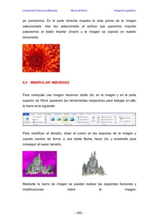 Universidad Técnica de Machala Microsoft Word Imágenes y gráficos 
ya conocemos. En la parte derecha muestra la vista previa de la imagen 
seleccionada. Una vez seleccionado el archivo que queremos importar 
pulsaremos el botón Insertar (Insert) y la imagen se copiará en nuestro 
documento. 
- 100 - 
8.4 MANIPULAR IMÁGENES 
Para manipular una imagen hacemos doble clic en la imagen y en la parte 
superior de Word aparecen las herramientas respectivas para trabajar en ella, 
la barra es la siguiente: 
Para modificar el tamaño, situar el cursor en las esquinas de la imagen y 
cuando cambie de forma a una doble flecha, hacer clic y arrastrarlo para 
conseguir el nuevo tamaño. 
Mediante la barra de imagen se pueden realizar las siguientes funciones y 
modificaciones sobre la imagen: 
 