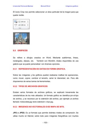 Universidad Técnica de Machala Microsoft Word Imágenes y gráficos 
El ícono Crop nos permite seleccionar un área particular de la imagen para que 
quede visible. 
- 103 - 
8.5 GRÁFICOS 
Se refiere a dibujos creados en Word. Mediante autoformas, líneas, 
rectángulos, elipses, etc. También con WordArt, rótulos disponibles de una 
galería que se puede personalizar con diversas opciones. 
8.5.1 REPRESENTACIÓN DE DATOS EN FORMA GRÁFICA. 
Sobre las imágenes y los gráficos pueden realizarse multitud de operaciones, 
como mover, copiar, cambiar el tamaño, variar la intensidad, etc. Para ello 
disponemos de varias barras de herramientas. 
8.5.2 TIPOS DE ARCHIVOS GRÁFICOS 
Existen varios formatos de archivos gráficos, se explicará brevemente las 
características de los más utilizados. Un formato gráfico se identifica por el tipo 
de archivo, y se reconoce por la extensión del archivo, por ejemplo un archivo 
llamado motocicleta.jpg tiene extensión o tipo jpg. 
8.5.3 IMÁGENES NO VECTORIALES O DE MAPA DE BITS. 
JPG o JPEG. Es un formato que permite distintos niveles de compresión. Se 
utiliza mucho en Internet, sobre todo para imágenes fotográficas con muchos 
 