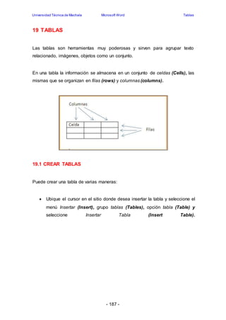 Universidad Técnica de Machala Microsoft Word Tablas 
- 187 - 
19 TABLAS 
Las tablas son herramientas muy poderosas y sirven para agrupar texto 
relacionado, imágenes, objetos como un conjunto. 
En una tabla la información se almacena en un conjunto de celdas (Cells), las 
mismas que se organizan en filas (rows) y columnas (columns). 
19.1 CREAR TABLAS 
Puede crear una tabla de varias maneras: 
 Ubique el cursor en el sitio donde desea insertar la tabla y seleccione el 
menú Insertar (Insert), grupo tablas (Tables), opción tabla (Table) y 
seleccione Insertar Tabla (Insert Table). 
 