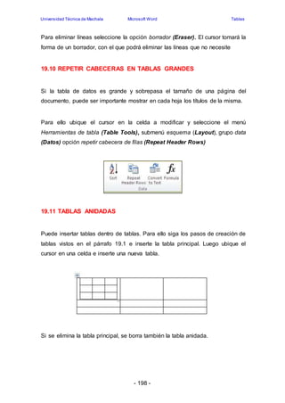 Universidad Técnica de Machala Microsoft Word Tablas 
Para eliminar líneas seleccione la opción borrador (Eraser). El cursor tomará la 
forma de un borrador, con el que podrá eliminar las líneas que no necesite 
19.10 REPETIR CABECERAS EN TABLAS GRANDES 
Si la tabla de datos es grande y sobrepasa el tamaño de una página del 
documento, puede ser importante mostrar en cada hoja los títulos de la misma. 
Para ello ubique el cursor en la celda a modificar y seleccione el menú 
Herramientas de tabla (Table Tools), submenú esquema (Layout), grupo data 
(Datos) opción repetir cabecera de filas (Repeat Header Rows) 
- 198 - 
19.11 TABLAS ANIDADAS 
Puede insertar tablas dentro de tablas. Para ello siga los pasos de creación de 
tablas vistos en el párrafo 19.1 e inserte la tabla principal. Luego ubique el 
cursor en una celda e inserte una nueva tabla. 
Si se elimina la tabla principal, se borra también la tabla anidada. 
 