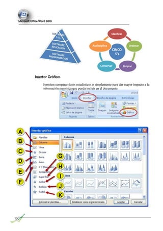 Microsoft Office Word 2010
Clasificar
Audisciplina
CINCO
S's
Conservar
Ordenar
Limpiar
Insertar Gráficos
Permiten comparar datos estadísticos o simplemente para dar mayor impacto a la
información numérica que pueda incluir en el documento.
A
B
C
D
G
H
E
F
I
J
K
20
 
