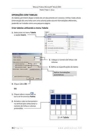 Manual Prático Microsoft® Word 2003
Pedro Filipe C. Jesus
36 | P á g i n a w w w . p e d r o j e s u s . n e t
OPERAÇÕES COM TABELAS
As tabelas permitem dispor o texto de um documento em colunas e linhas. Cada célula
(intersecção de uma linha com uma coluna) pode assumir formatações diferentes,
podendo ser tratada como uma pequena página.
Criar tabelas utilizando o menu Tabela
1. Seleccione no menu Tabela
a opção Inserir.
2. Indique o número de linhas e de
colunas.
3. Defina as especificações da tabela
Aplicar formatações
automáticas
4. Clique sobre OK.
OU
1. Clique sobre o icone na
barra de ferramentas Padrão.
2. Arraste o rato na horizontal e
na vertical para seleccionar o
número de linhas e colunas
pretendido.
 