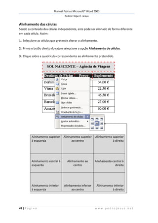 Manual Prático Microsoft® Word 2003
Pedro Filipe C. Jesus
48 | P á g i n a w w w . p e d r o j e s u s . n e t
Alinhamento das células
Sendo o conteúdo das células independente, este pode ser alinhado de forma diferente
em cada célula. Assim:
1. Seleccione as células que pretende alterar o alinhamento.
2. Prima o botão direito do rato e seleccione a opção Alinhamento de células.
3. Clique sobre a quadrícula correspondente ao alinhamento pretendido.
Alinhamento superior
à esquerda
Alinhamento superior
ao centro
Alinhamento superior
à direita
Alinhamento central à
esquerda
Alinhamento ao
centro
Alinhamento central à
direita
Alinhamento inferior
à esquerda
Alinhamento inferior
ao centro
Alinhamento inferior
à direita
 