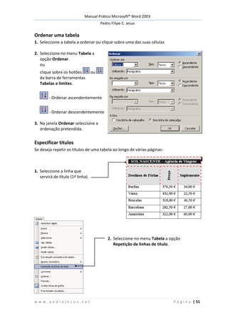 Manual Prático Microsoft® Word 2003
Pedro Filipe C. Jesus
w w w . p e d r o j e s u s . n e t P á g i n a | 51
Ordenar uma tabela
1. Seleccione a tabela a ordenar ou clique sobre uma das suas células
2. Seleccione no menu Tabela a
opção Ordenar.
ou
clique sobre os botões ou
da barra de ferramentas
Tabelas e limites.
- Ordenar ascendentemente
- Ordenar descendentemente
3. Na janela Ordenar seleccione a
ordenação pretendida.
Especificar títulos
Se deseja repetir os títulos de uma tabela ao longo de várias páginas:
1. Seleccione a linha que
servirá de título (1ª linha).
2. Seleccione no menu Tabela a opção
Repetição de linhas de título.
 