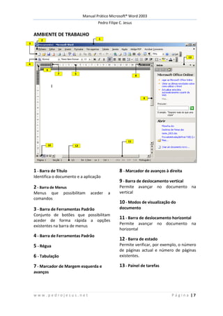 Manual Prático Microsoft® Word 2003
Pedro Filipe C. Jesus
w w w . p e d r o j e s u s . n e t P á g i n a | 7
AMBIENTE DE TRABALHO
1 - Barra de Título
Identifica o documento e a aplicação
2 - Barra de Menus
Menus que possibilitam aceder a
comandos
3 - Barra de Ferramentas Padrão
Conjunto de botões que possibilitam
aceder de forma rápida a opções
existentes na barra de menus
4 - Barra de Ferramentas Padrão
5 - Régua
6 - Tabulação
7 - Marcador de Margem esquerda e
avanços
8 - Marcador de avanços à direita
9 - Barra de deslocamento vertical
Permite avançar no documento na
vertical
10 - Modos de visualização do
documento
11 - Barra de deslocamento horizontal
Permite avançar no documento na
horizontal
12 - Barra de estado
Permite verificar, por exemplo, o número
de páginas actual e número de páginas
existentes.
13 - Painel de tarefas
10 12
8
9
13
7
6
5
4
3
2 1
11
 