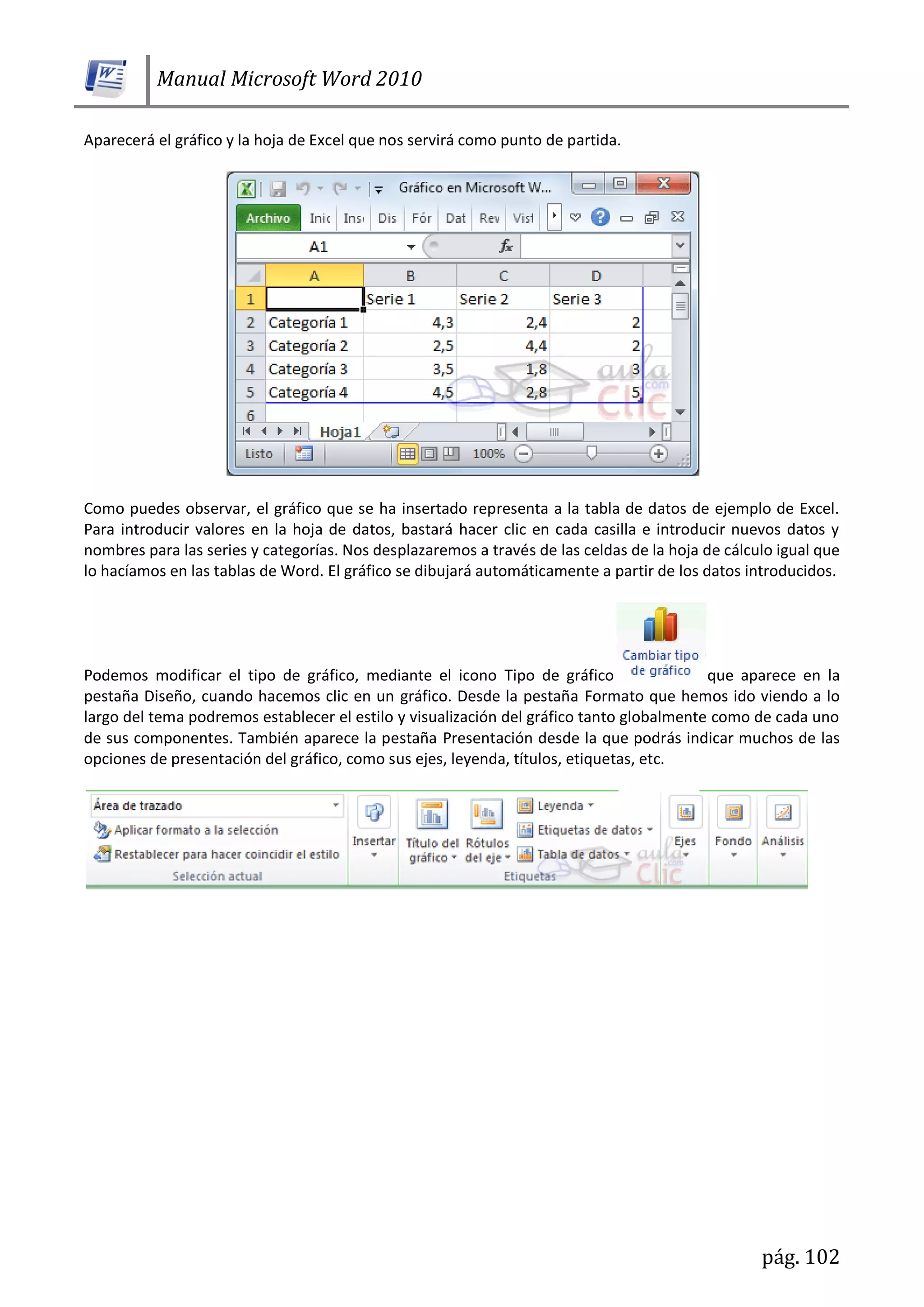 Manual Microsoft Word 2010
pág. 102
Aparecerá el gráfico y la hoja de Excel que nos servirá como punto de partida.
Como puedes observar, el gráfico que se ha insertado representa a la tabla de datos de ejemplo de Excel.
Para introducir valores en la hoja de datos, bastará hacer clic en cada casilla e introducir nuevos datos y
nombres para las series y categorías. Nos desplazaremos a través de las celdas de la hoja de cálculo igual que
lo hacíamos en las tablas de Word. El gráfico se dibujará automáticamente a partir de los datos introducidos.
Podemos modificar el tipo de gráfico, mediante el icono Tipo de gráfico que aparece en la
pestaña Diseño, cuando hacemos clic en un gráfico. Desde la pestaña Formato que hemos ido viendo a lo
largo del tema podremos establecer el estilo y visualización del gráfico tanto globalmente como de cada uno
de sus componentes. También aparece la pestaña Presentación desde la que podrás indicar muchos de las
opciones de presentación del gráfico, como sus ejes, leyenda, títulos, etiquetas, etc.
 