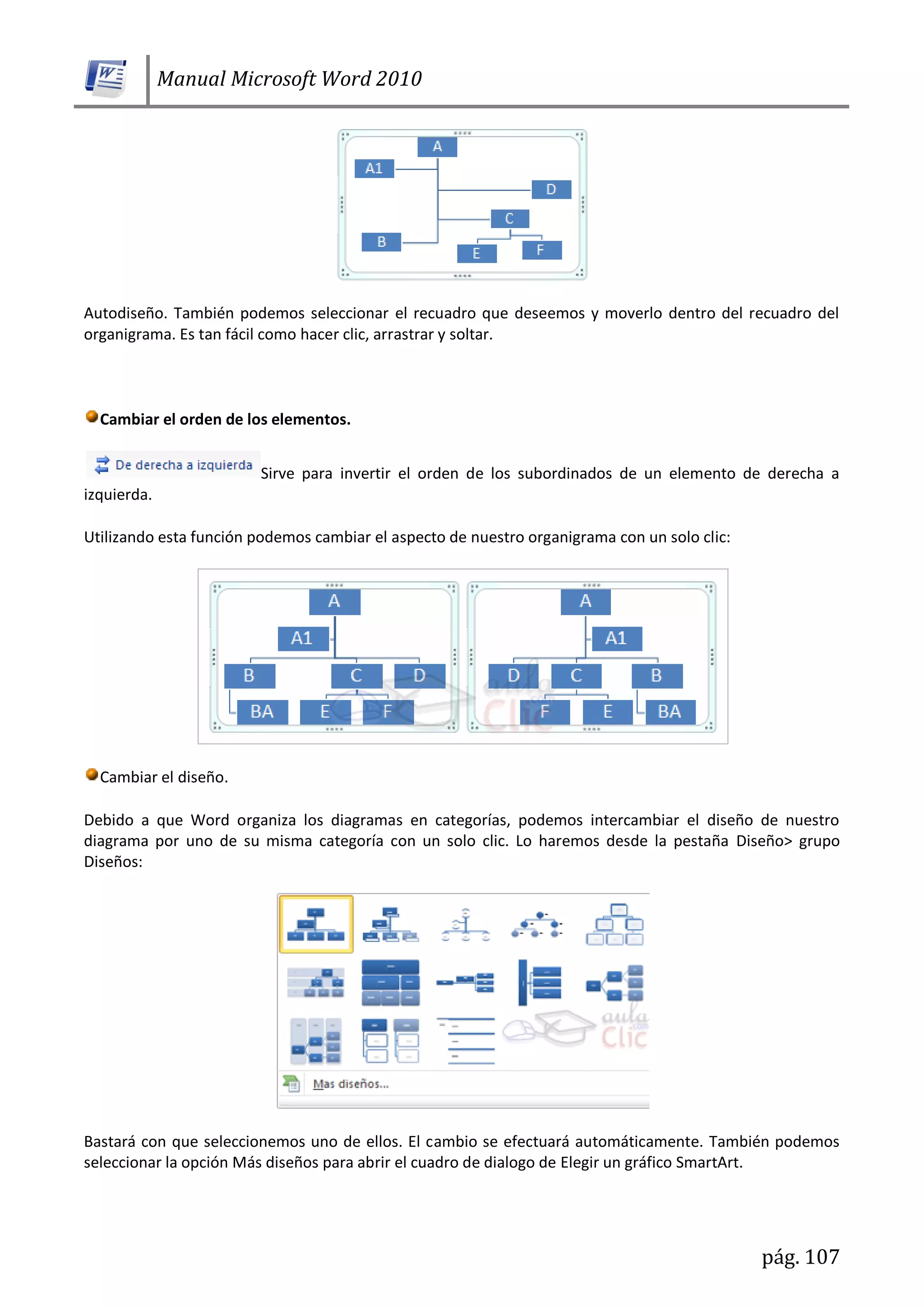 Manual Microsoft Word 2010
pág. 107
Autodiseño. También podemos seleccionar el recuadro que deseemos y moverlo dentro del recuadro del
organigrama. Es tan fácil como hacer clic, arrastrar y soltar.
Cambiar el orden de los elementos.
Sirve para invertir el orden de los subordinados de un elemento de derecha a
izquierda.
Utilizando esta función podemos cambiar el aspecto de nuestro organigrama con un solo clic:
Cambiar el diseño.
Debido a que Word organiza los diagramas en categorías, podemos intercambiar el diseño de nuestro
diagrama por uno de su misma categoría con un solo clic. Lo haremos desde la pestaña Diseño> grupo
Diseños:
Bastará con que seleccionemos uno de ellos. El cambio se efectuará automáticamente. También podemos
seleccionar la opción Más diseños para abrir el cuadro de dialogo de Elegir un gráfico SmartArt.
 