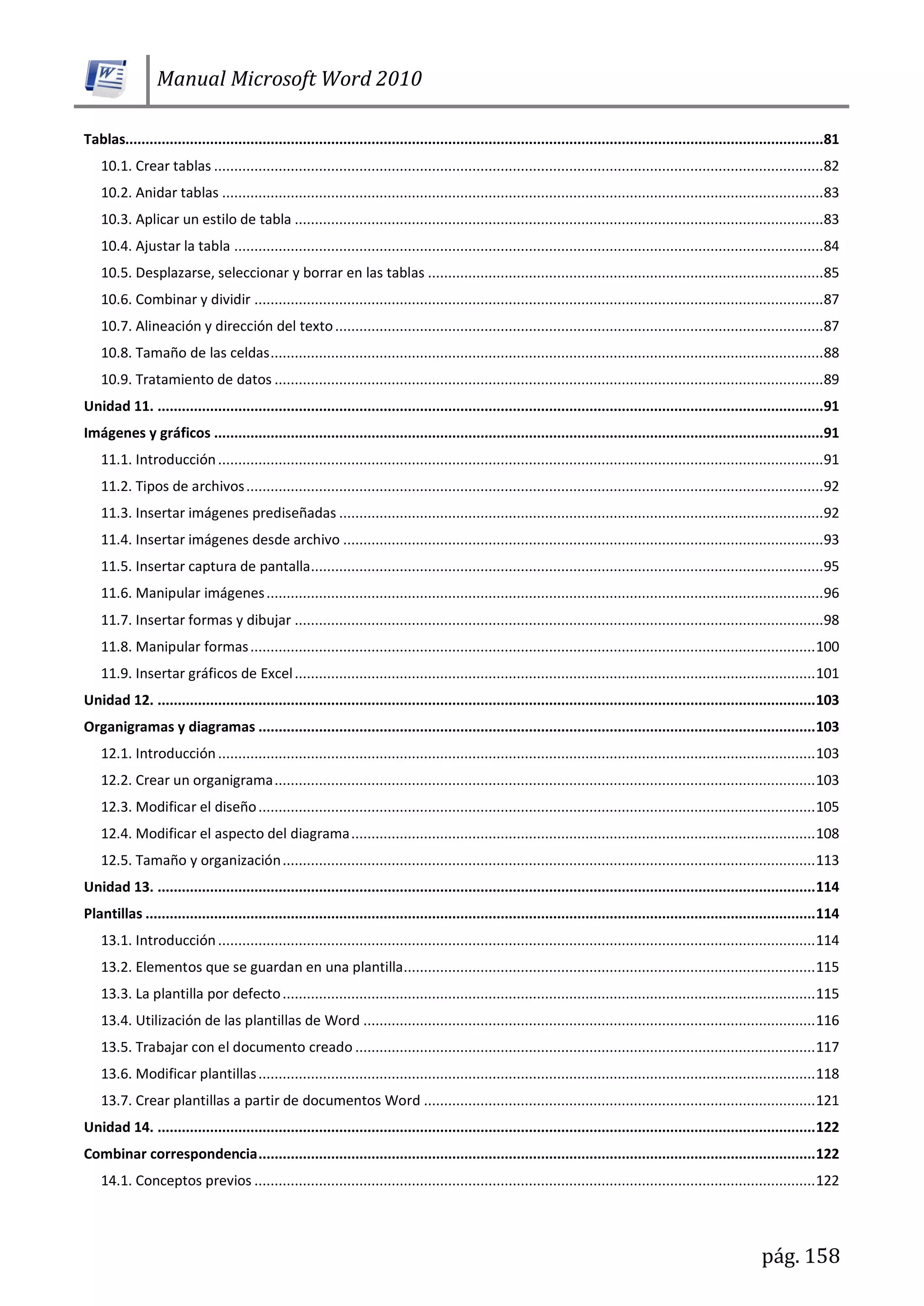 Manual Microsoft Word 2010
pág. 158
Tablas.............................................................................................................................................................................81
10.1. Crear tablas .......................................................................................................................................................82
10.2. Anidar tablas .....................................................................................................................................................83
10.3. Aplicar un estilo de tabla ...................................................................................................................................83
10.4. Ajustar la tabla ..................................................................................................................................................84
10.5. Desplazarse, seleccionar y borrar en las tablas ..................................................................................................85
10.6. Combinar y dividir .............................................................................................................................................87
10.7. Alineación y dirección del texto.........................................................................................................................87
10.8. Tamaño de las celdas.........................................................................................................................................88
10.9. Tratamiento de datos ........................................................................................................................................89
Unidad 11. .....................................................................................................................................................................91
Imágenes y gráficos .......................................................................................................................................................91
11.1. Introducción......................................................................................................................................................91
11.2. Tipos de archivos...............................................................................................................................................92
11.3. Insertar imágenes prediseñadas ........................................................................................................................92
11.4. Insertar imágenes desde archivo .......................................................................................................................93
11.5. Insertar captura de pantalla...............................................................................................................................95
11.6. Manipular imágenes..........................................................................................................................................96
11.7. Insertar formas y dibujar ...................................................................................................................................98
11.8. Manipular formas............................................................................................................................................100
11.9. Insertar gráficos de Excel.................................................................................................................................101
Unidad 12. ...................................................................................................................................................................103
Organigramas y diagramas ..........................................................................................................................................103
12.1. Introducción....................................................................................................................................................103
12.2. Crear un organigrama......................................................................................................................................103
12.3. Modificar el diseño..........................................................................................................................................105
12.4. Modificar el aspecto del diagrama...................................................................................................................108
12.5. Tamaño y organización....................................................................................................................................113
Unidad 13. ...................................................................................................................................................................114
Plantillas ......................................................................................................................................................................114
13.1. Introducción....................................................................................................................................................114
13.2. Elementos que se guardan en una plantilla......................................................................................................115
13.3. La plantilla por defecto....................................................................................................................................115
13.4. Utilización de las plantillas de Word ................................................................................................................116
13.5. Trabajar con el documento creado ..................................................................................................................117
13.6. Modificar plantillas..........................................................................................................................................118
13.7. Crear plantillas a partir de documentos Word .................................................................................................121
Unidad 14. ...................................................................................................................................................................122
Combinar correspondencia..........................................................................................................................................122
14.1. Conceptos previos ...........................................................................................................................................122
 