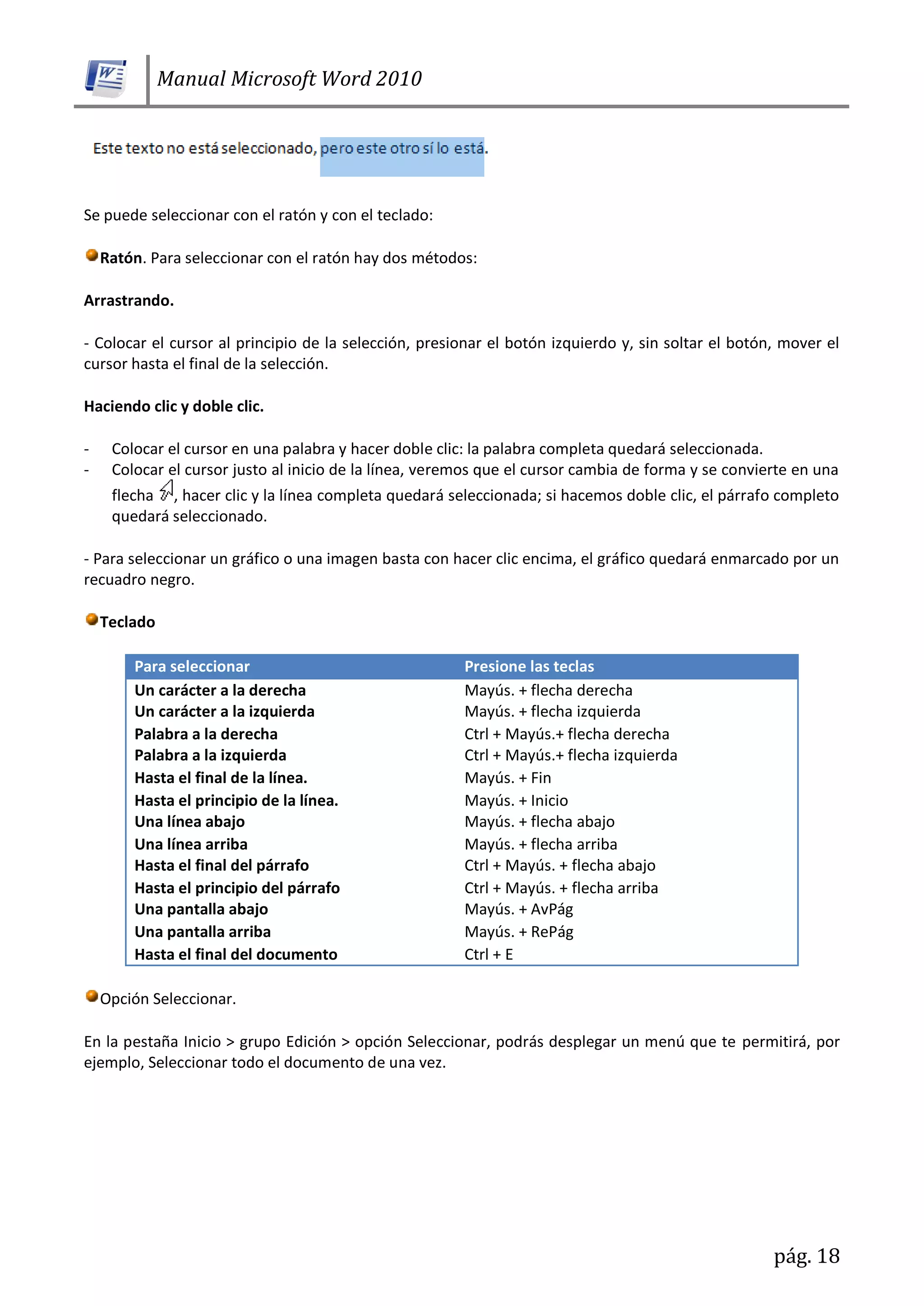 Manual Microsoft Word 2010
pág. 18
Se puede seleccionar con el ratón y con el teclado:
Ratón. Para seleccionar con el ratón hay dos métodos:
Arrastrando.
- Colocar el cursor al principio de la selección, presionar el botón izquierdo y, sin soltar el botón, mover el
cursor hasta el final de la selección.
Haciendo clic y doble clic.
- Colocar el cursor en una palabra y hacer doble clic: la palabra completa quedará seleccionada.
- Colocar el cursor justo al inicio de la línea, veremos que el cursor cambia de forma y se convierte en una
flecha , hacer clic y la línea completa quedará seleccionada; si hacemos doble clic, el párrafo completo
quedará seleccionado.
- Para seleccionar un gráfico o una imagen basta con hacer clic encima, el gráfico quedará enmarcado por un
recuadro negro.
Teclado
Para seleccionar Presione las teclas
Un carácter a la derecha Mayús. + flecha derecha
Un carácter a la izquierda Mayús. + flecha izquierda
Palabra a la derecha Ctrl + Mayús.+ flecha derecha
Palabra a la izquierda Ctrl + Mayús.+ flecha izquierda
Hasta el final de la línea. Mayús. + Fin
Hasta el principio de la línea. Mayús. + Inicio
Una línea abajo Mayús. + flecha abajo
Una línea arriba Mayús. + flecha arriba
Hasta el final del párrafo Ctrl + Mayús. + flecha abajo
Hasta el principio del párrafo Ctrl + Mayús. + flecha arriba
Una pantalla abajo Mayús. + AvPág
Una pantalla arriba Mayús. + RePág
Hasta el final del documento Ctrl + E
Opción Seleccionar.
En la pestaña Inicio > grupo Edición > opción Seleccionar, podrás desplegar un menú que te permitirá, por
ejemplo, Seleccionar todo el documento de una vez.
 