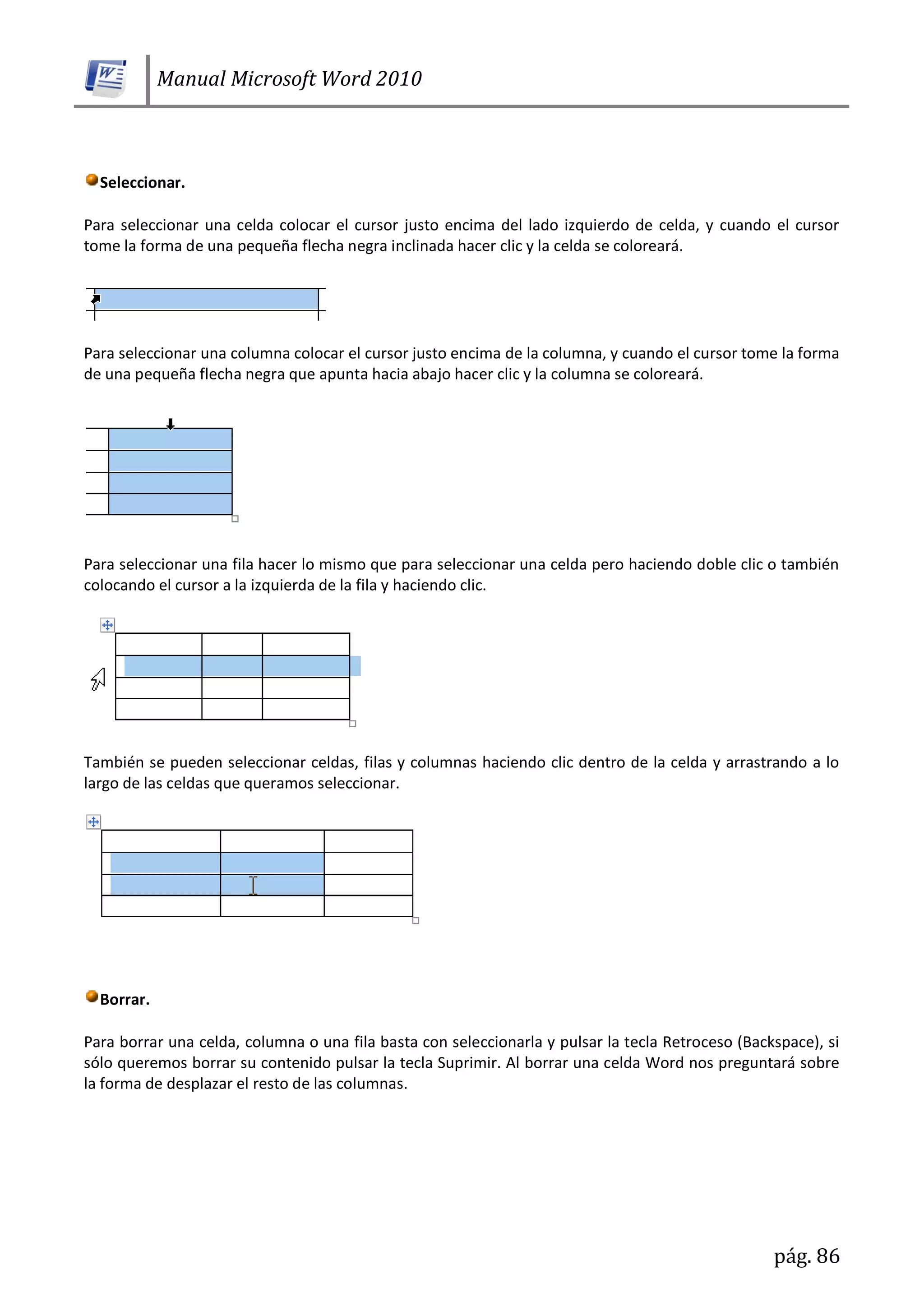 Manual Microsoft Word 2010
pág. 86
Seleccionar.
Para seleccionar una celda colocar el cursor justo encima del lado izquierdo de celda, y cuando el cursor
tome la forma de una pequeña flecha negra inclinada hacer clic y la celda se coloreará.
Para seleccionar una columna colocar el cursor justo encima de la columna, y cuando el cursor tome la forma
de una pequeña flecha negra que apunta hacia abajo hacer clic y la columna se coloreará.
Para seleccionar una fila hacer lo mismo que para seleccionar una celda pero haciendo doble clic o también
colocando el cursor a la izquierda de la fila y haciendo clic.
También se pueden seleccionar celdas, filas y columnas haciendo clic dentro de la celda y arrastrando a lo
largo de las celdas que queramos seleccionar.
Borrar.
Para borrar una celda, columna o una fila basta con seleccionarla y pulsar la tecla Retroceso (Backspace), si
sólo queremos borrar su contenido pulsar la tecla Suprimir. Al borrar una celda Word nos preguntará sobre
la forma de desplazar el resto de las columnas.
 