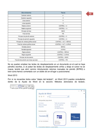 10
No se pueden emplear las teclas de desplazamiento en un documento en el cual no haya
párrafos escritos, si al pulsar las teclas de desplazamiento arriba y abajo el cursor no se
mueve, tendrá que abrir camino introduciendo retornos manuales de párrafo (INTRO) o
bien como hemos comentado con un doble clic en el lugar a posicionarse.
Word 2013
Por si no recuerdas todos estos "atajos del teclado", en Word 2013 puedes consultarlos
dentro de la Ayuda de Word en la sección; Métodos abreviados de teclado.
 